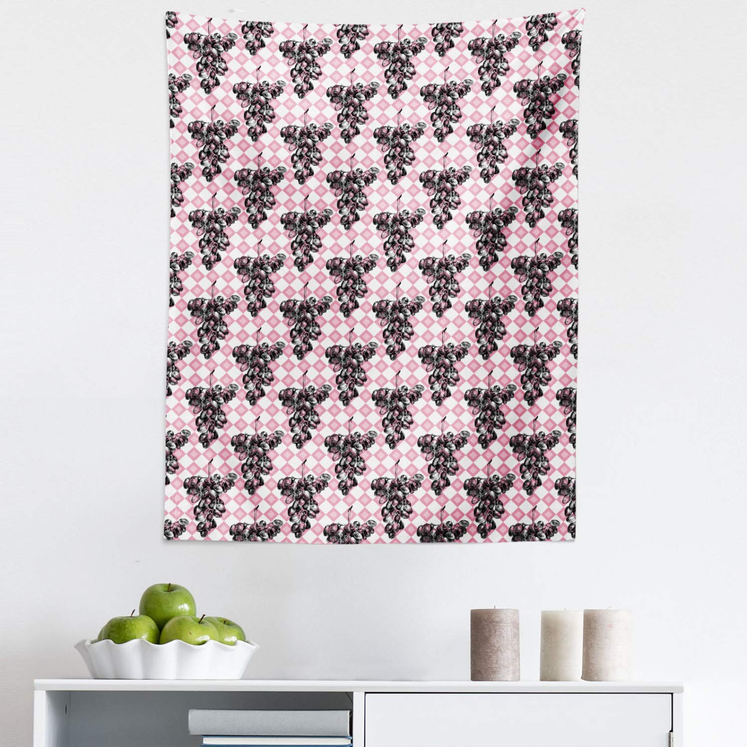 Ambesonne Hand-Drawn Grapes Tapestry - Sketchy Fruit Art on Checkered Background - 23x28 Inch Pink Grey Fabric Wall Hanging for Bedroom, Living Room, Dorm Decor | Perfect for Bohemian Style Homes, College Dorms & Cozy Spaces