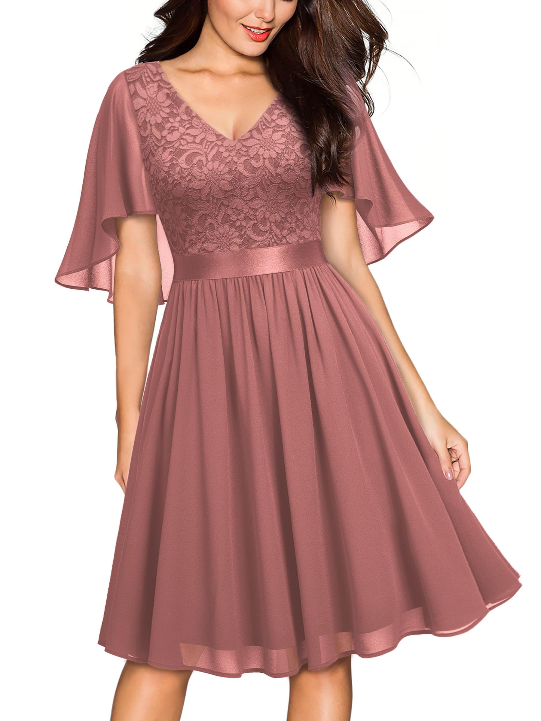Vintage V-Neck Lace Chiffon Wedding Guest Dress for Women - Elegant Party Gown for Bridal Shower, Cocktail Reception & Formal Events