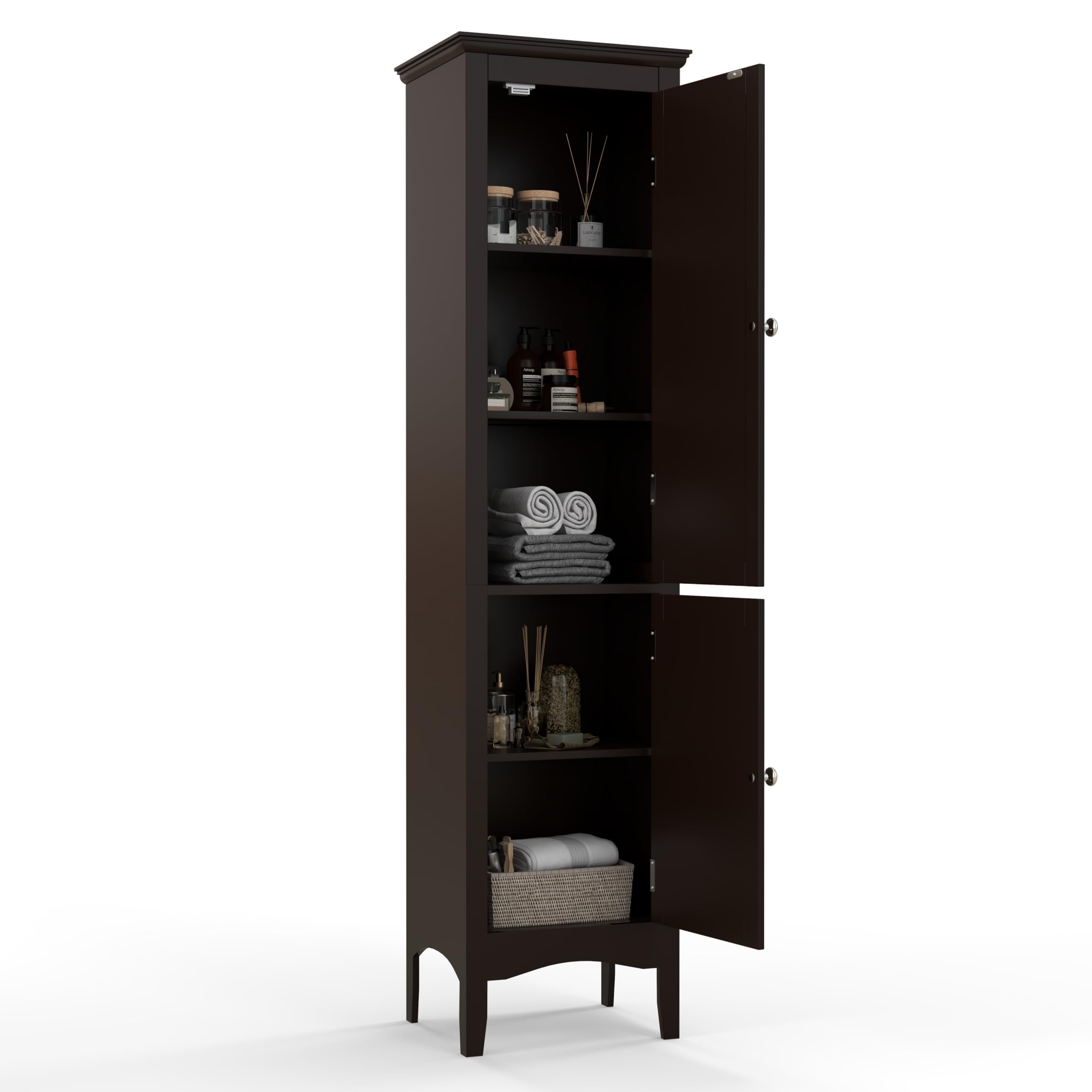Tall Narrow Bathroom Storage Cabinet with 3 Adjustable Shelves - 2 Door Freestanding Organizer with Anti-Tip Device for Bathroom, Living Room, Bedroom - Space Saving Home Organization Solution (Brown)