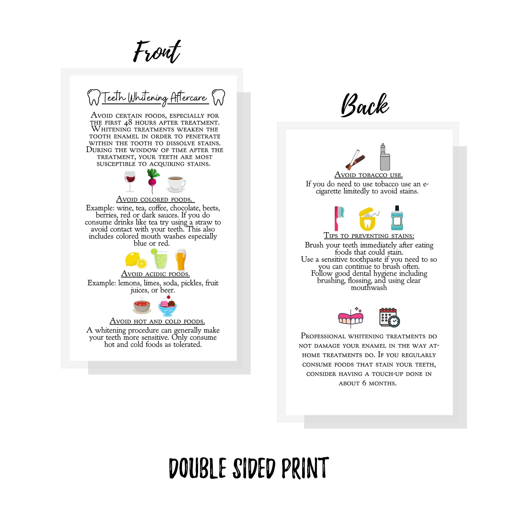 50 Pack Professional Teeth Whitening Aftercare Instruction Cards | Double-Sided 2x3.5 Inch Business Size | Wallet-Friendly Dental Care Reminder Cards with Color Icons | Perfect for Dentists, Hygienists & Whitening Kits