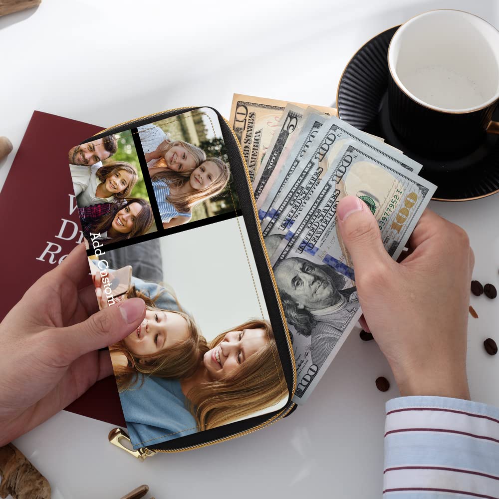 Personalized Leather Photo Purse for Women - Large Capacity Wallet with Multiple Card Slots - Custom Gift for Mom, Daughter, Friends - Perfect for Travel, Shopping & Everyday Use (Black)