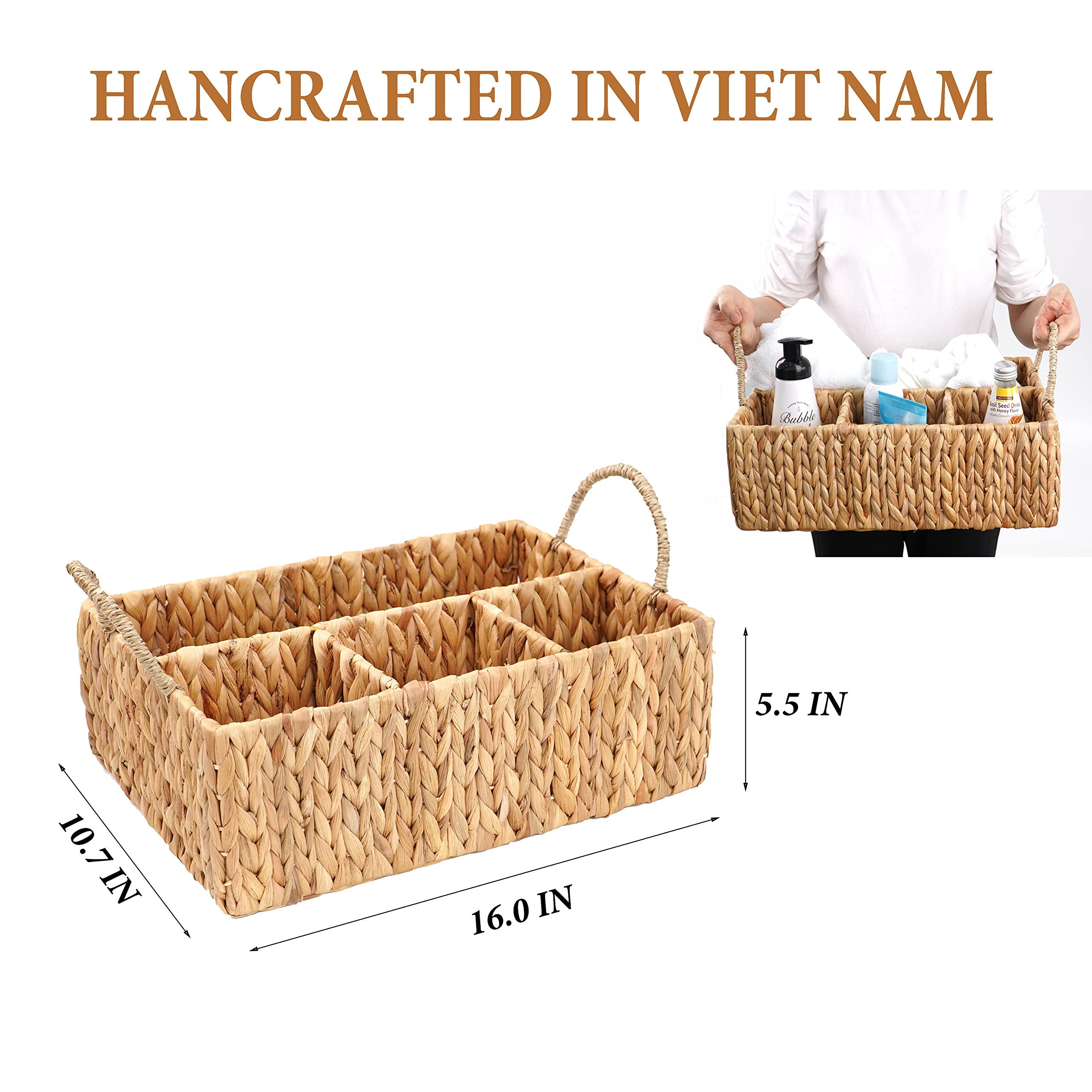 Natural Woven Hyacinth Wicker Storage Basket - 4-Section Rectangular Tray for Bathroom, Kitchen, Office & Home Organization | Perfect for Shelves, Drawers & Closet Storage