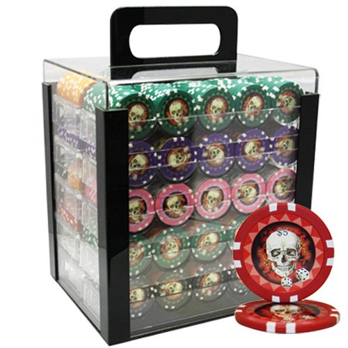 1000pcs 13.5g Skull Design Poker Chips Set with Acrylic Storage Case - Premium Custom Casino Chips for Poker Nights, Game Room Decor, and Themed Parties