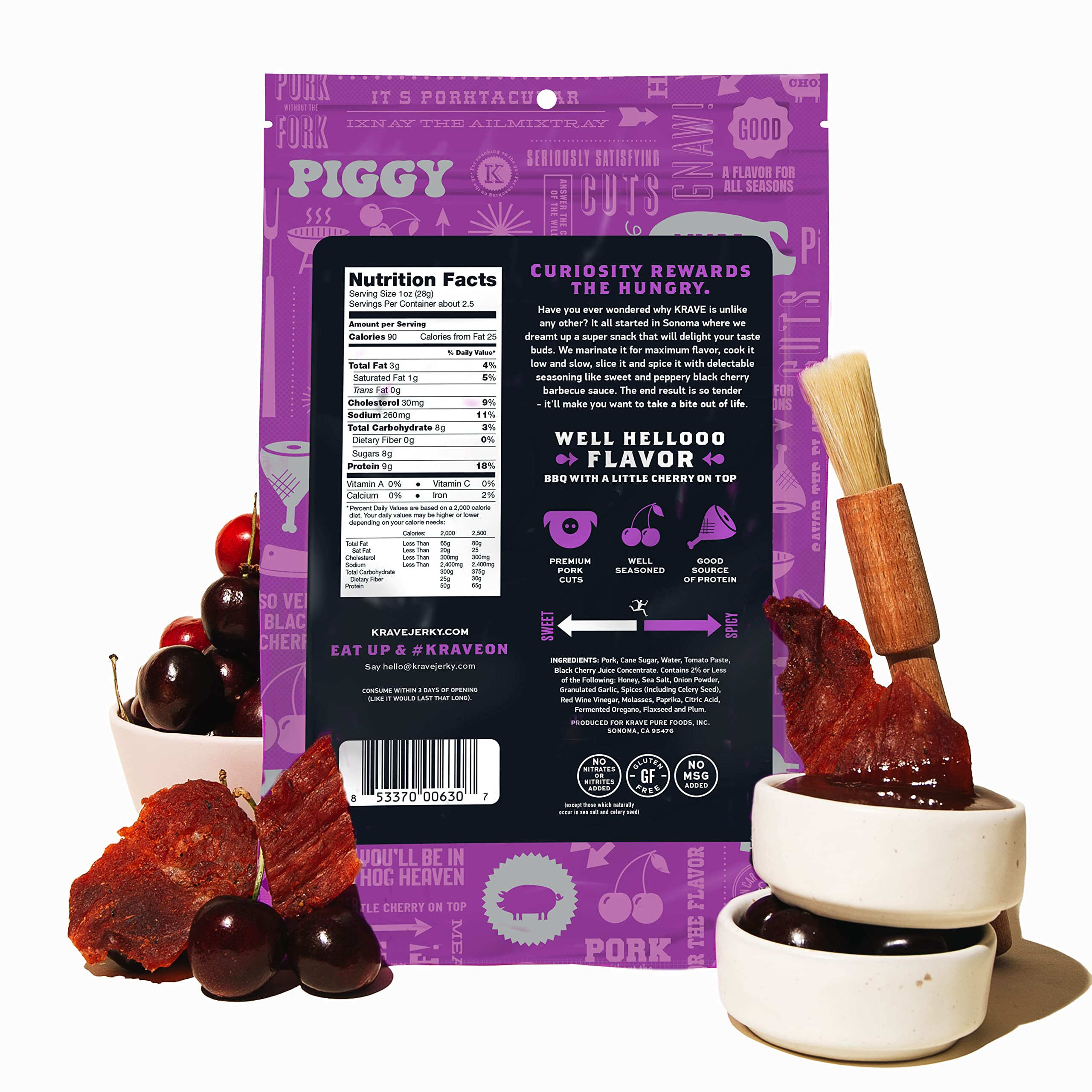 KRAVE All Natural Pork Jerky, Black Cherry BBQ - High Protein Snack, Gluten Free, Tender Meat Cuts, 12oz - Perfect for Hiking, Camping & On-the-Go Energy Boost