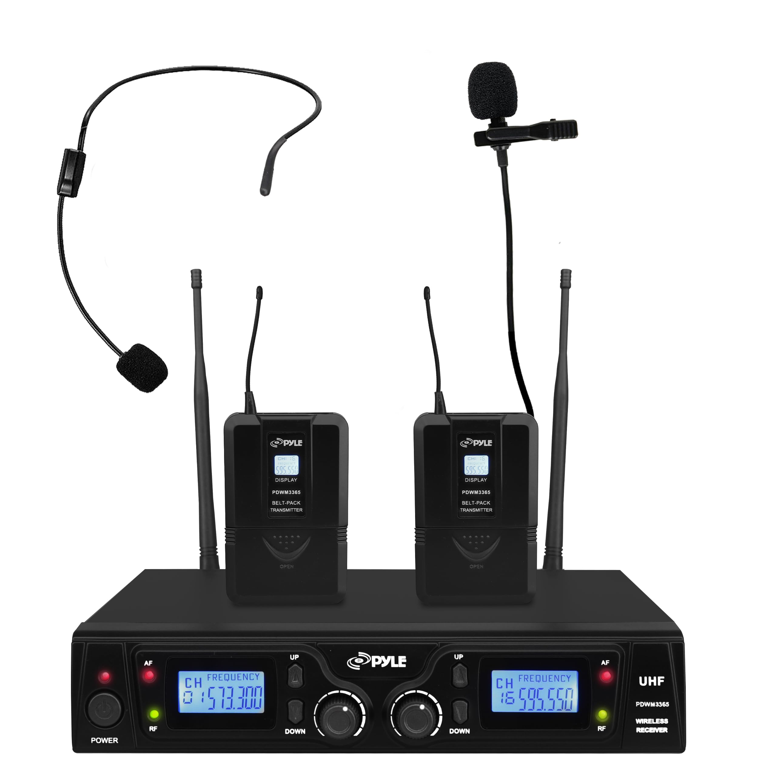 Pyle PDWM3365 UHF Wireless Microphone System - 2 Belt Pack Transmitters & 2 Lavalier Mics with Rack Mount Receiver, 16-Channel LCD Display for Church, Karaoke, Public Speaking & Stage Performances