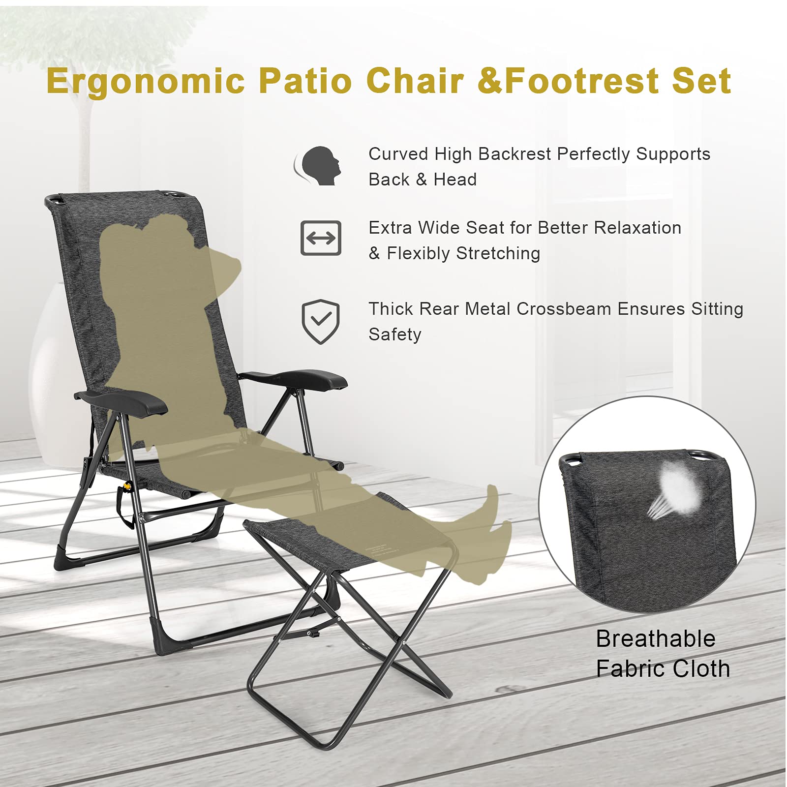 Giantex 4-Piece Folding Patio Chair Set - 2 Pack Adjustable Sling Chairs with Footrest for Outdoor Dining, Camping, Lawn & Poolside Relaxation | Portable Garden Chairs for Porch, Yard, Backyard & Beach Use