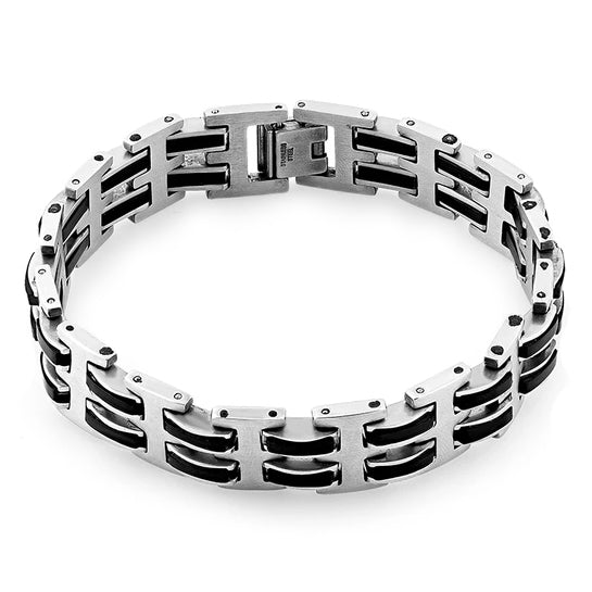 Premium Stainless Steel Black Rubber Link Bracelet for Men & Women - Durable Waterproof Unisex Watch Band for Sports, Outdoor & Casual Wear