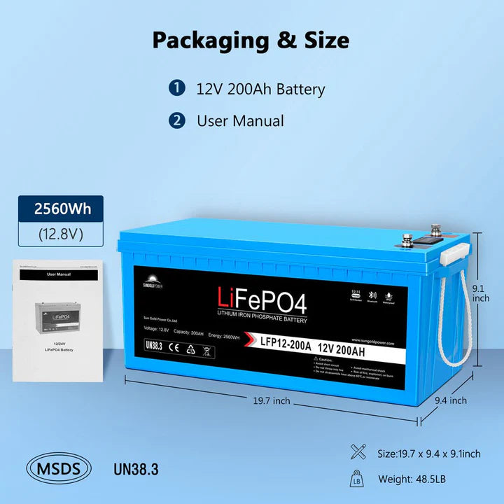 12V 200Ah LiFePO4 Deep Cycle Lithium Battery with Bluetooth, Self-Heating & IP65 - Perfect for RVs, Solar Systems, Marine & Off-Grid Power Storage