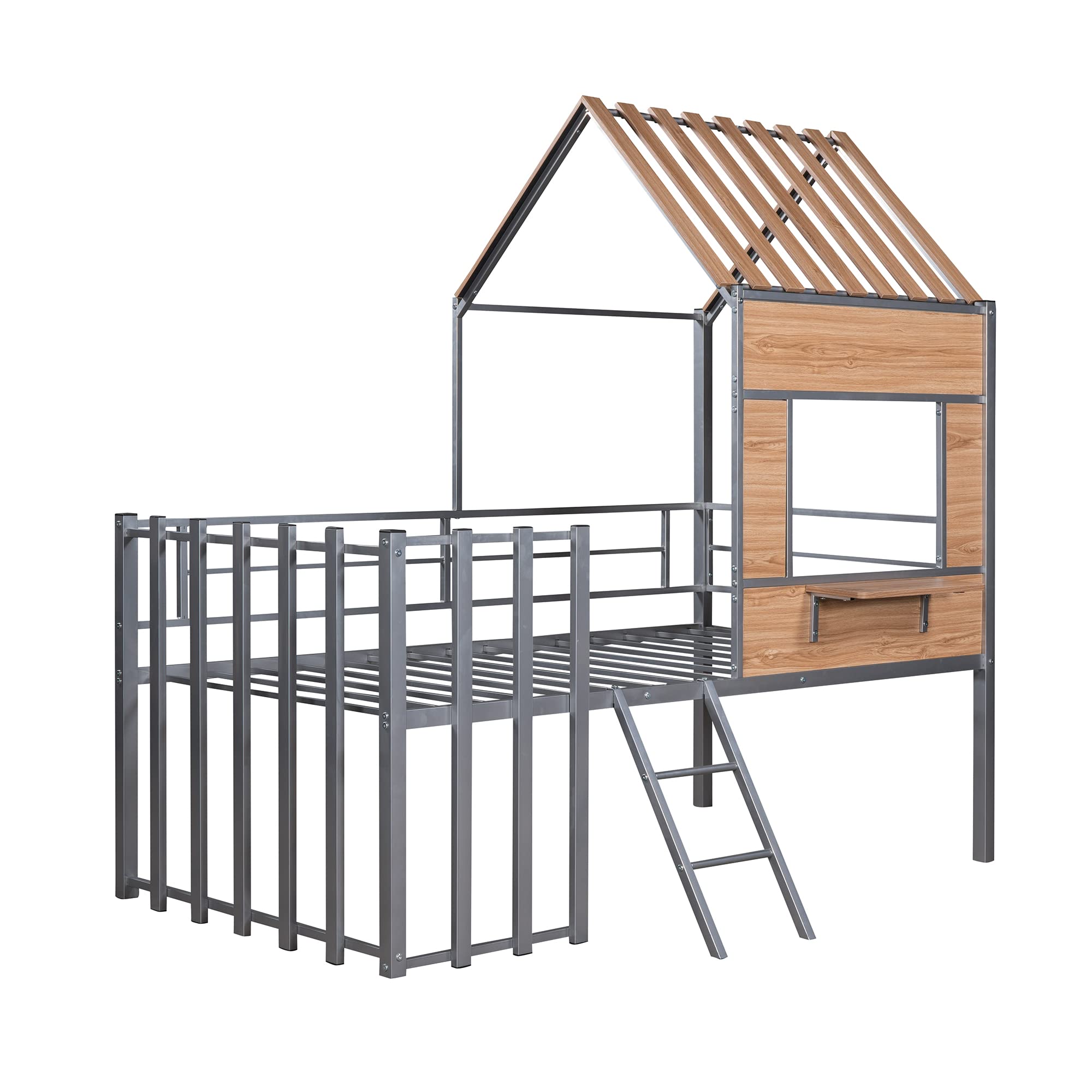 **Twin Size Kids Low Loft Bed with Roof & Window - Sturdy Metal Frame, Guardrail & Ladder - Silver | Perfect for Small Bedrooms, Playrooms & Sleepovers**