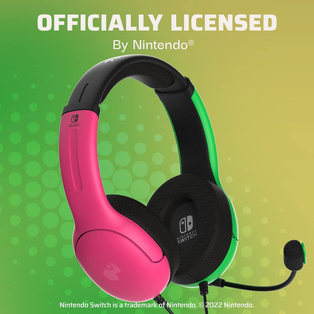 PDP Gaming LVL40 Stereo Headset with Microphone - Compatible with Nintendo Switch, PC, iPad, Mac, Laptop - Noise Cancelling Mic, Lightweight On-Ear Headphones, 3.5mm Jack in Pink & Green - Perfect for Gaming, Online Classes & Remote Work