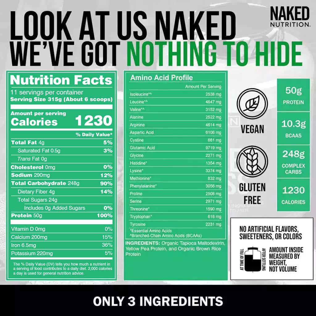 Naked Vegan Mass - Natural Vegan Weight Gainer Protein Powder, 8Lb Bulk | GMO Free, Gluten Free, Soy Free & Dairy Free | 1,230 Calories, 11 Servings - Perfect for Post-Workout Recovery & Muscle Building