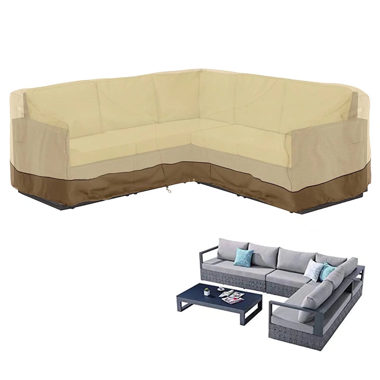 **DFANCE Waterproof Outdoor Sectional Sofa Cover - Heavy Duty 420D Oxford Cloth, V-Shaped Design, 2 Air Vents & 6 Windproof Straps - Rip-Resistant Patio Furniture Protector for Garden, Deck, and Poolside Use**
