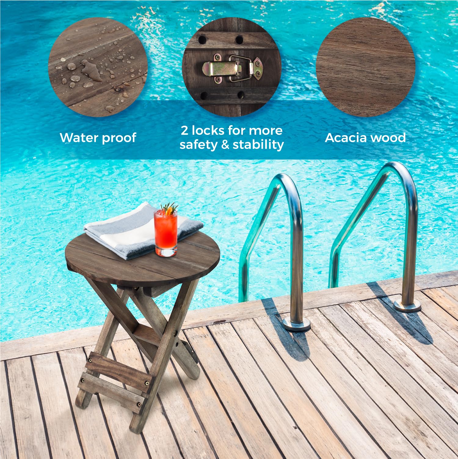 Small Patio Table - Outdoor Folding Side Table with Wood Table Top - Portable Accent Table for Living Room, Bedroom, Balcony & Garden - Round Walnut Coffee End Table (Set of 1) - Perfect for Outdoor Entertaining, Reading Nook & Small Space Decor