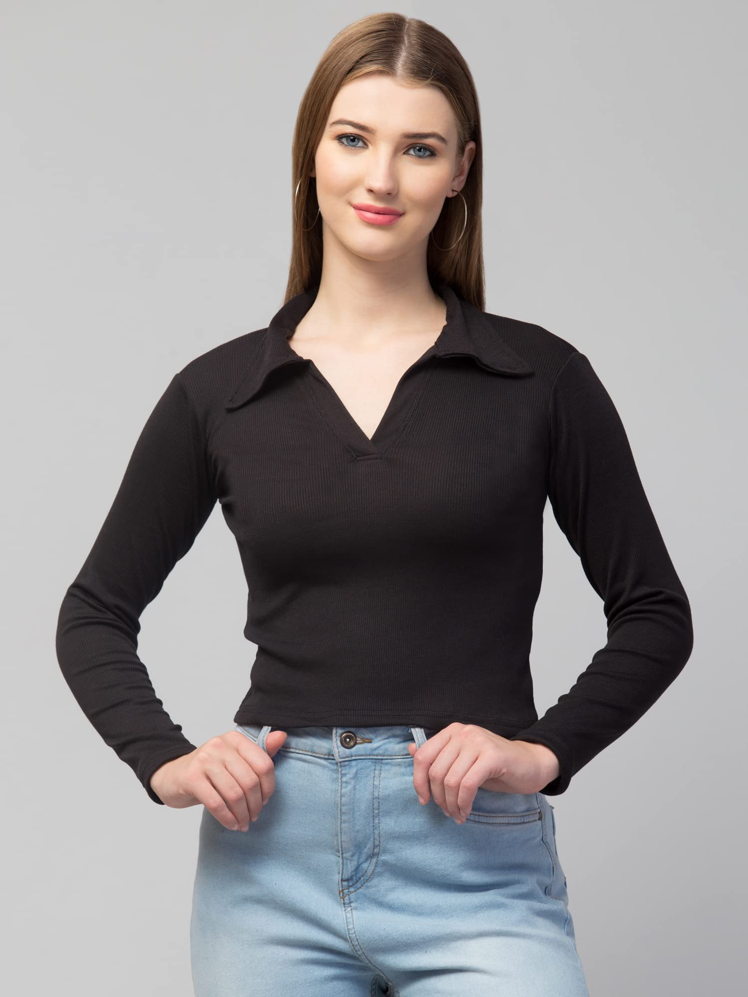 TREND LEVEL Women's Ribbed Polo Collar Long Sleeve T-Shirt - Casual Office Wear, Fall Fashion Staple, Comfortable Everyday Top