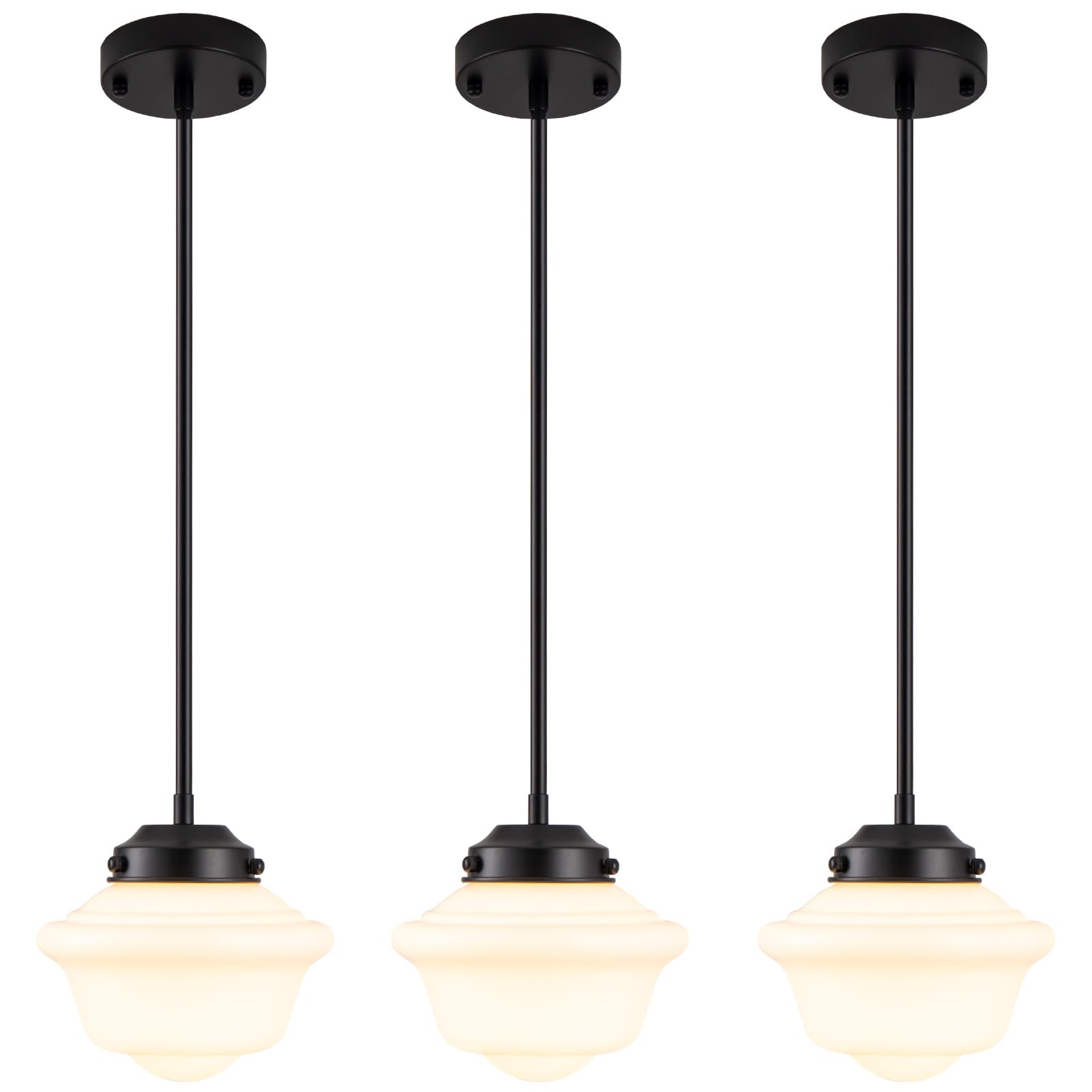 Set of 3 Black Farmhouse Pendant Lights - 8 Inch Schoolhouse Ceiling Lighting with Milk Glass Shades - Modern Kitchen Island Lighting for Dining Room, Living Room & Bar Areas - Perfect for Farmhouse, Industrial & Vintage Home Decor