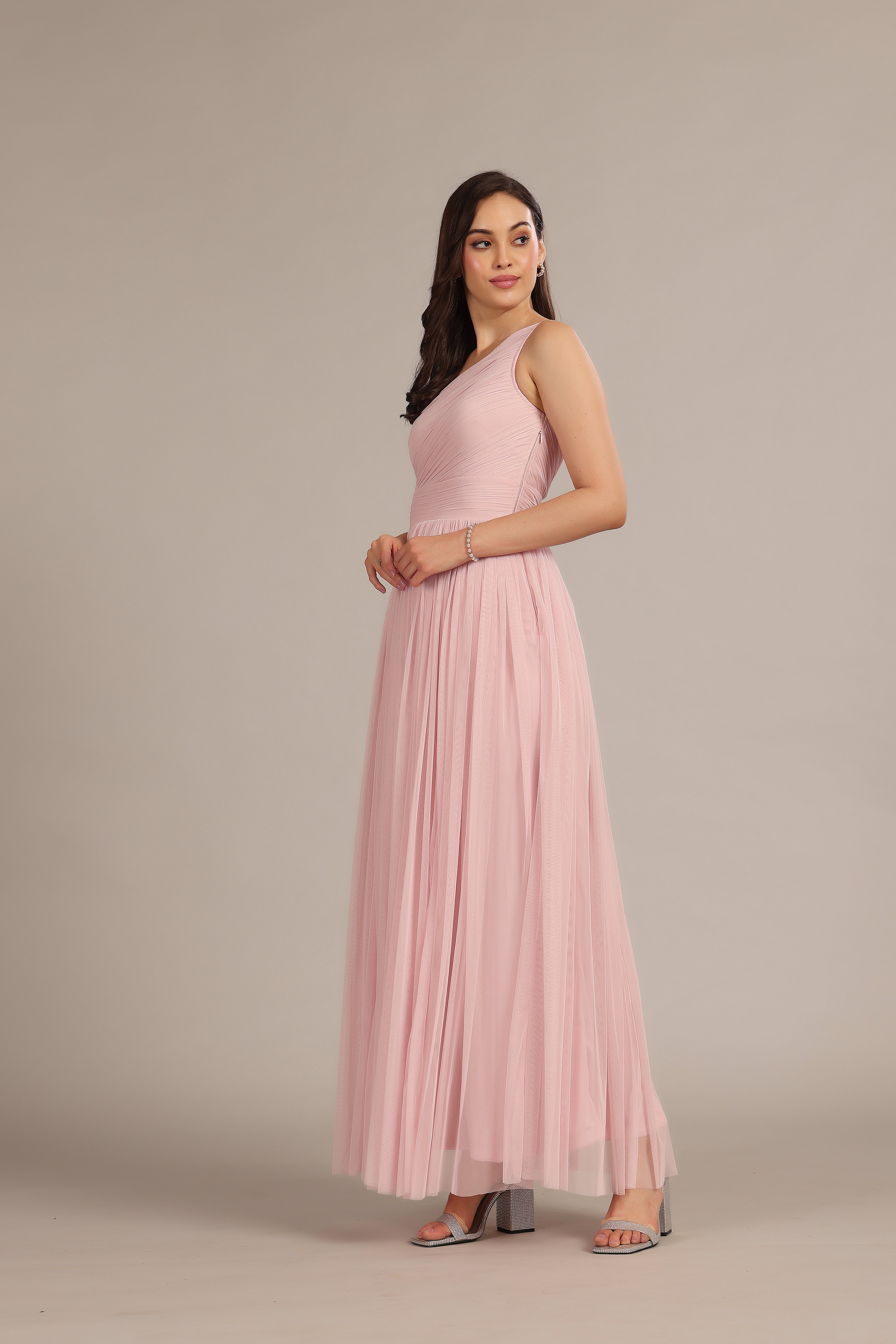 Powder Pink One Shoulder Maxi Dress for Women - Elegant Long Formal Gown for Weddings, Parties & Evening Events