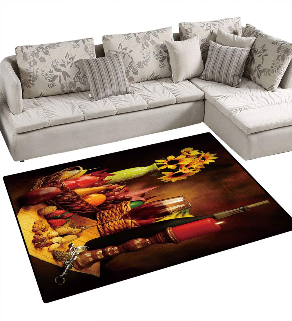 Non-Slip Wine Decor Area Rug 5'x7' - Red Wine Bottles, Glasses & Fruits Art Print Floor Mat for Dining Room, Kitchen or Bar - Perfect for Home Decor & Entertaining