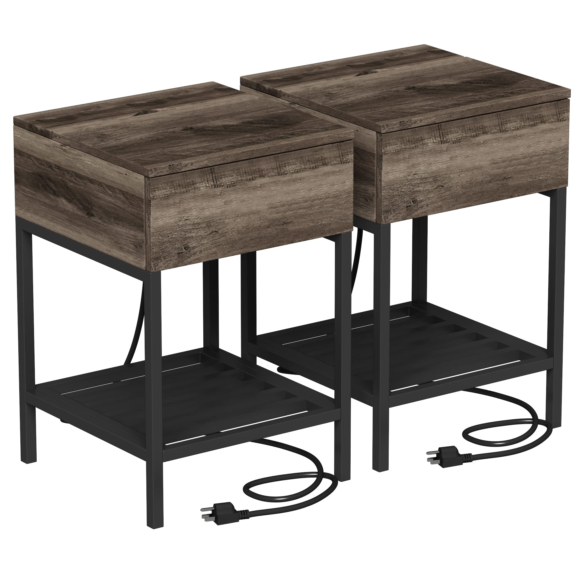 Rustic Grey Nightstand with Charging Station & USB Ports - 2 Pack Bedside Table with Drawer & Metal Shelf for Small Spaces | Perfect for Bedroom, Apartment, Dorm Room | Compact End Table with Convenient Device Charging