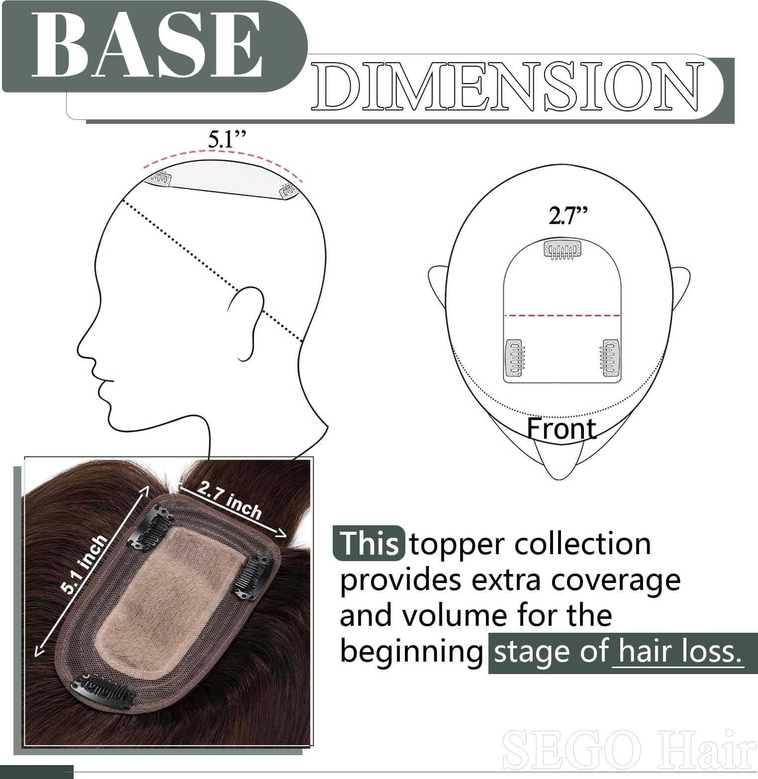 SEGO Clip-In Human Hair Toppers for Women - 18 Inch Straight with Bangs, 150% Density Silk Base, #2 Dark Brown | Thinning Hair Solution for Daily Wear & Special Occasions