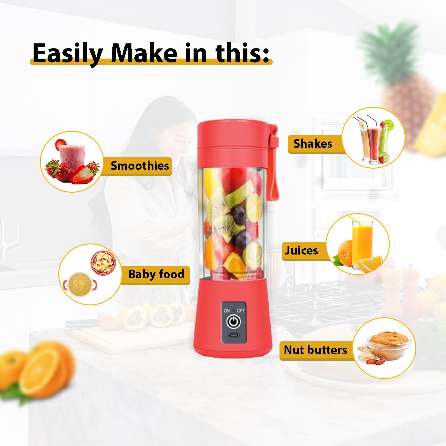 Portable Blender for Smoothies and Shakes - 600W Powerful Motor with Stainless Steel Blades - Compact Handbag Size Glass Jar - Perfect for Home, Office, Gym & Travel (Red) - Make Healthy Smoothies, Protein Shakes & Baby Food On The Go