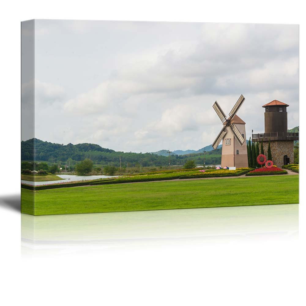 Wind Turbine on Grassland Canvas Print - Modern Wall Art Decor for Living Room, Bedroom, Office - Stretched Gallery Wrap Ready to Hang - 32x48 Inches - Scenic Landscape Giclee Artwork