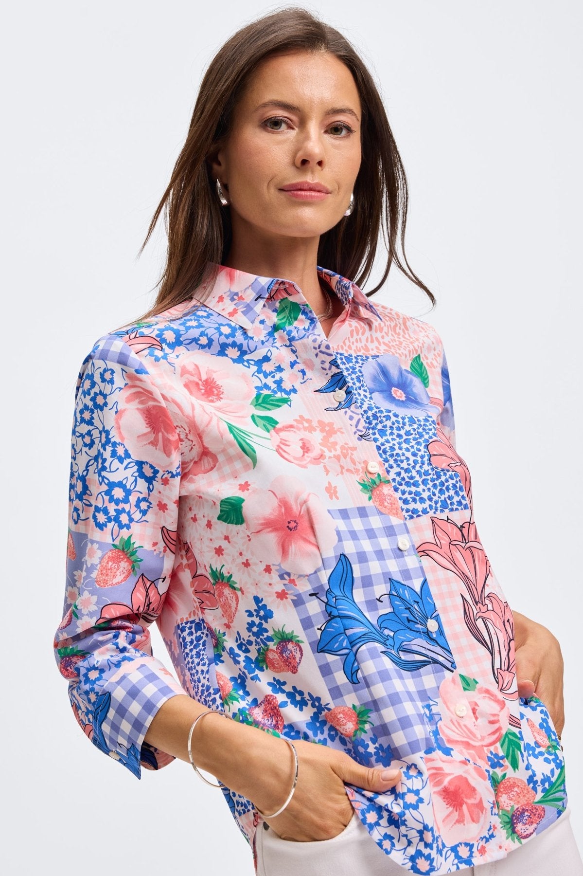 June Springtime Collage 3/4 Sleeve Blouse - Women's Floral Print Casual Top for Spring & Summer Outfits | Perfect for Office, Date Night & Weekend Wear