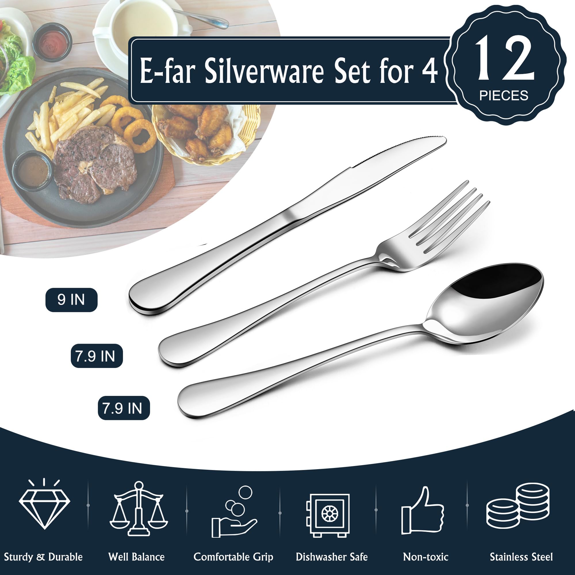 Premium 12-Piece Stainless Steel Flatware Set (Forks, Spoons, Knives) for 4 People - Food Grade Mirror Finish Cutlery for Home, Kitchen & Restaurant Use - Dishwasher Safe Silverware Set - Perfect for Dinner Parties, Daily Meals & Catering Events