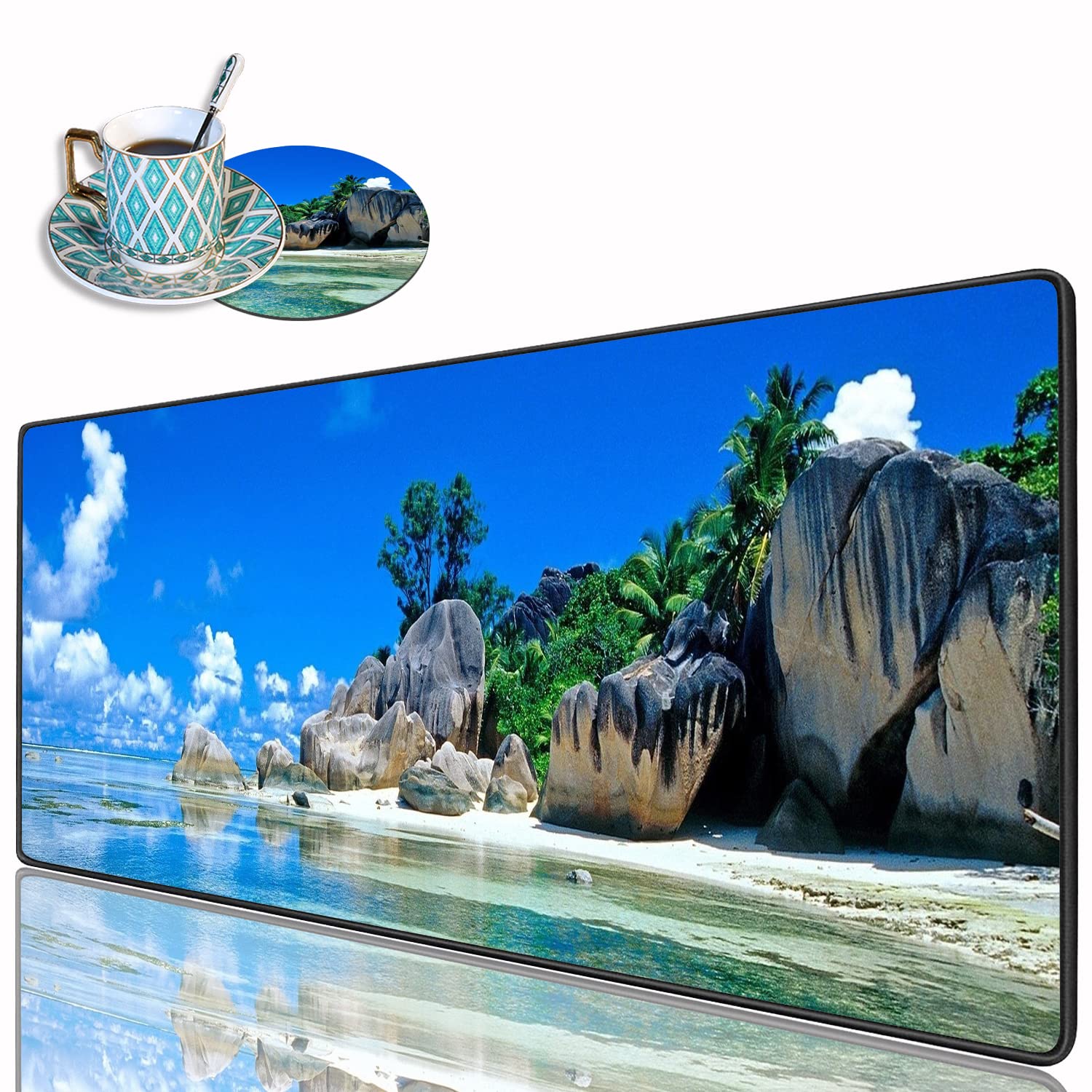 XXL Gaming Mouse Pad 31.5x11.8 Inches - Non-Slip Desk Mat with Stitched Edges & Built-in Coasters for PC, Laptop, Office Work and Home Gaming - Perfect for Gamers, Programmers and Professionals (Beaches Scene France Seychelles Design)