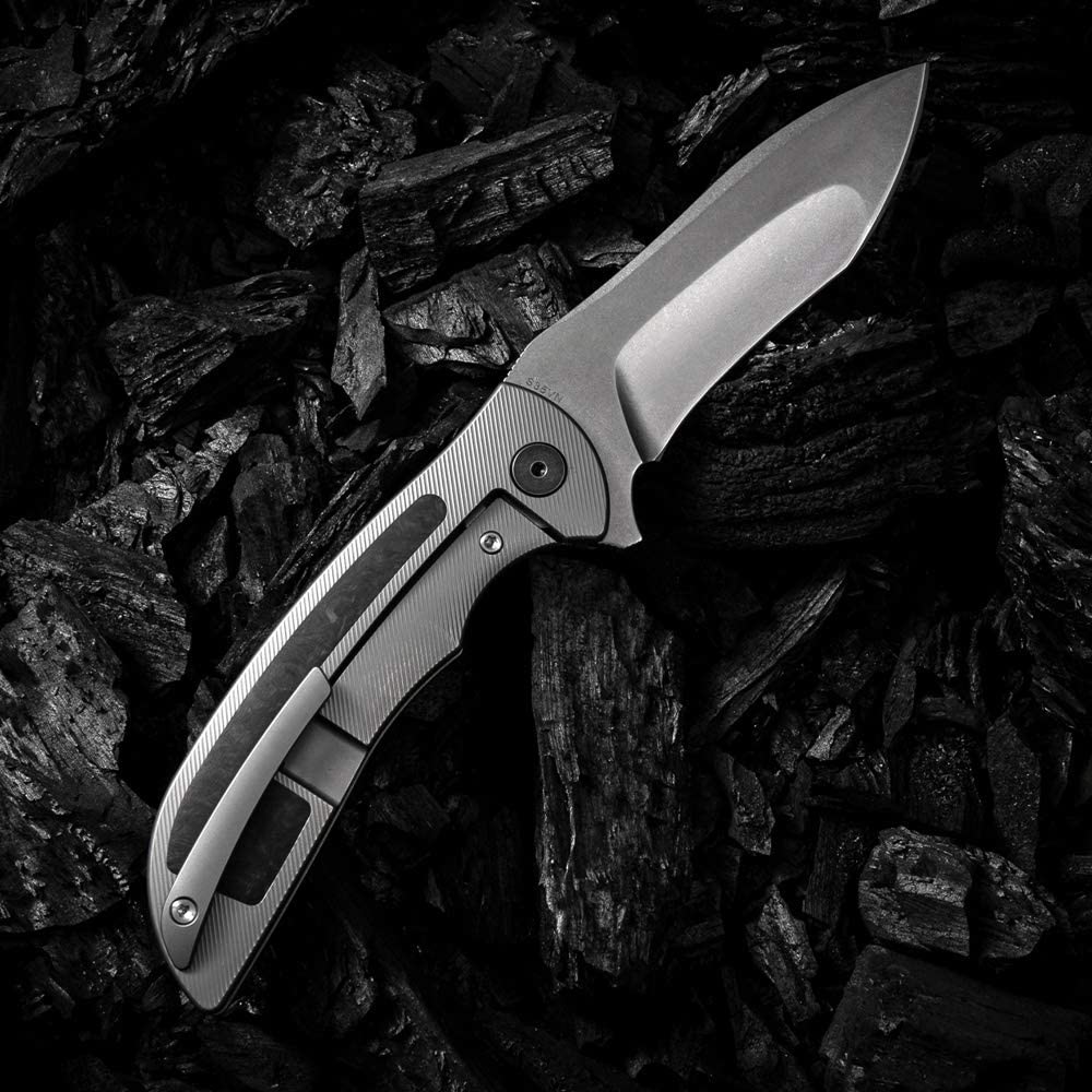 KATSU TK01 Folding Knife - CPM S35VN Steel Blade, Titanium & Carbon Fiber Handle with Leather Sheath - EDC Pocket Knife for Outdoor Camping, Hunting & Survival Gear