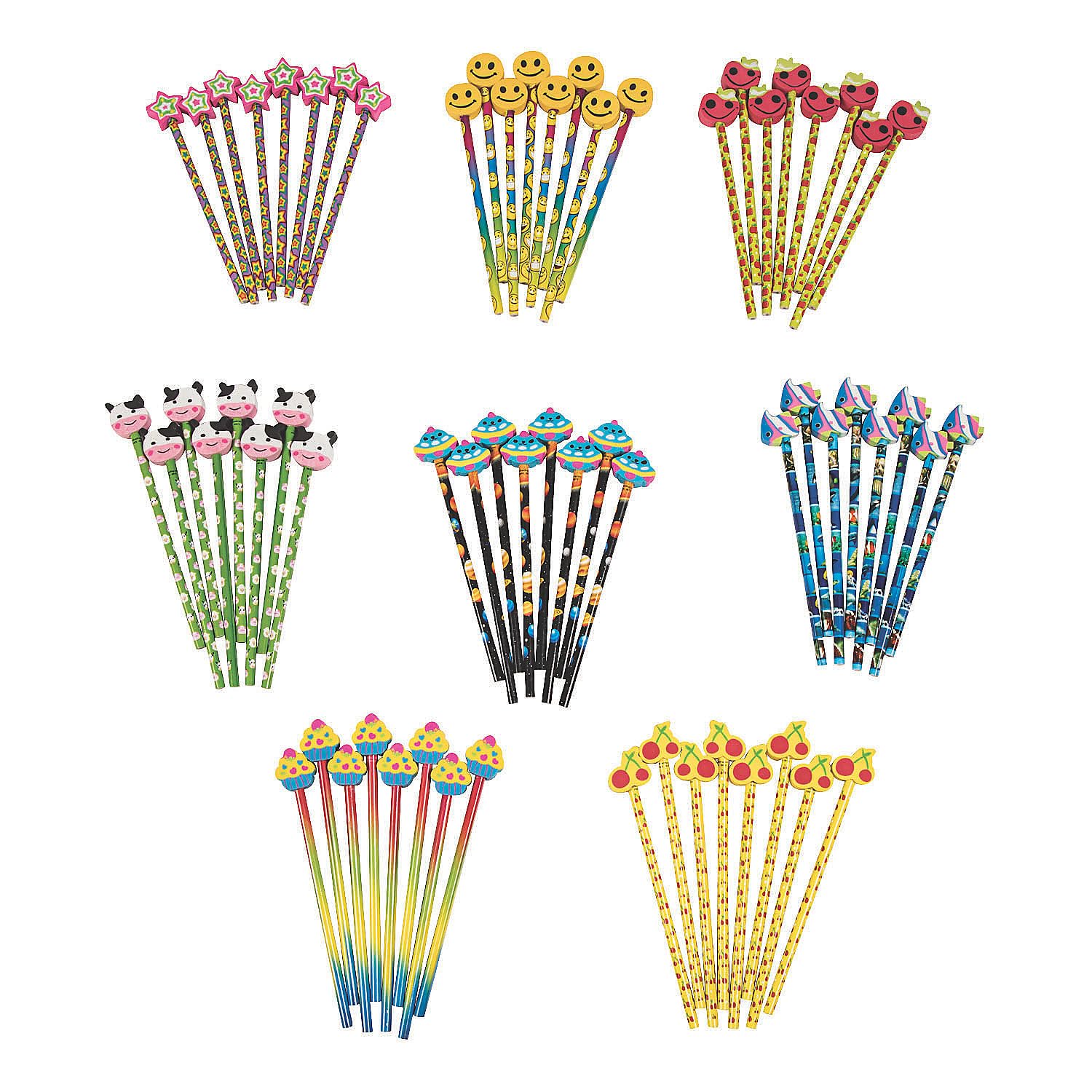 Fun Express Printed Pencils with Eraser Toppers - 72-Piece Assortment for School, Office & Art Projects - Bulk Stationery Supplies