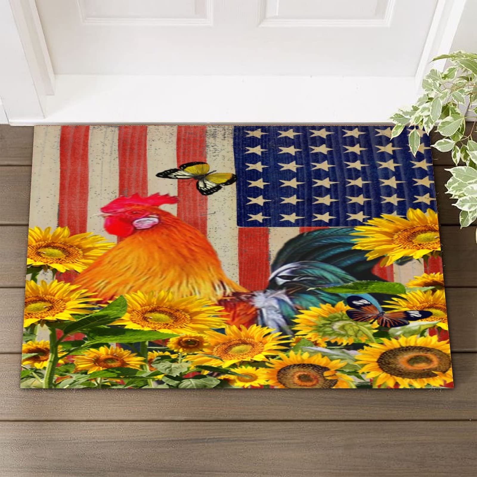 Rooster Sunflower & American Flag Patriotic Doormat - Non-Slip Coir Welcome Mat for July 4th, Spring & Summer Decor - 24x36 Inch Indoor/Outdoor Rug - Perfect for Front Door, Porch, Patio & Home Entryway Decorations