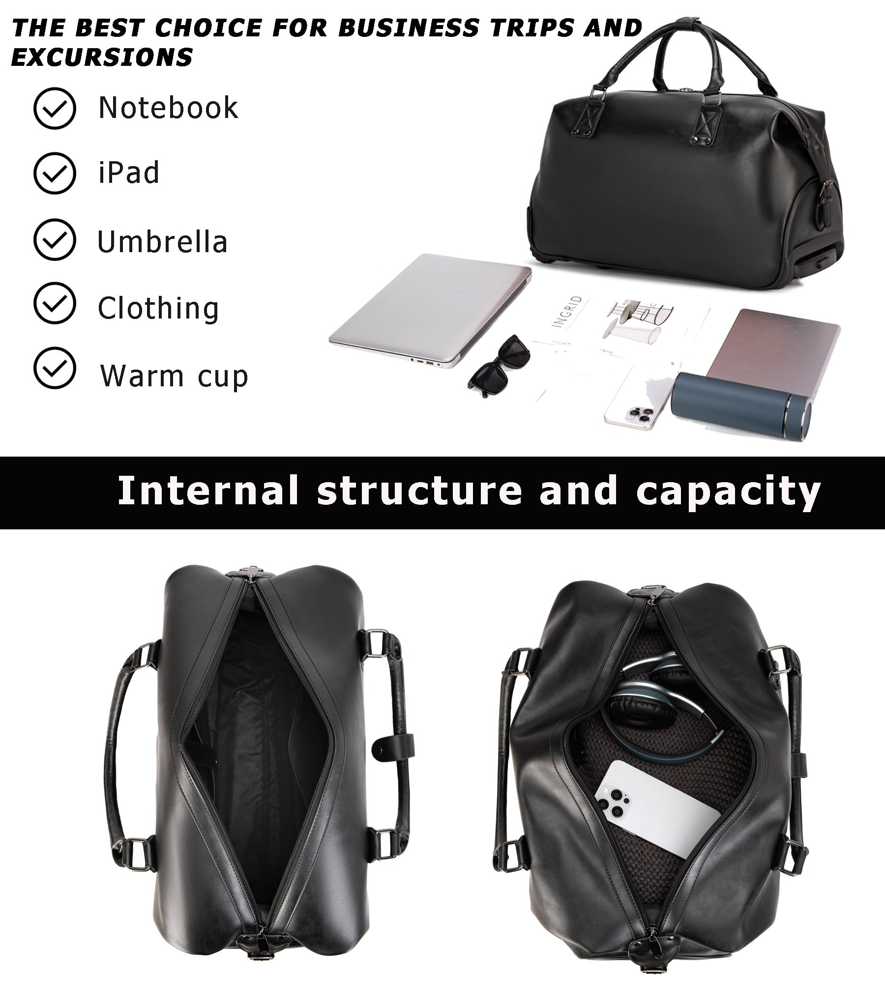 Feilario Leather Travel Duffel Bag with Wheels - Waterproof Unisex Weekender Carry-On Luggage for Overnight Trips & Business Travel | Durable Toiletry Organizer for Gym, Camping & Airplane Use (Black)