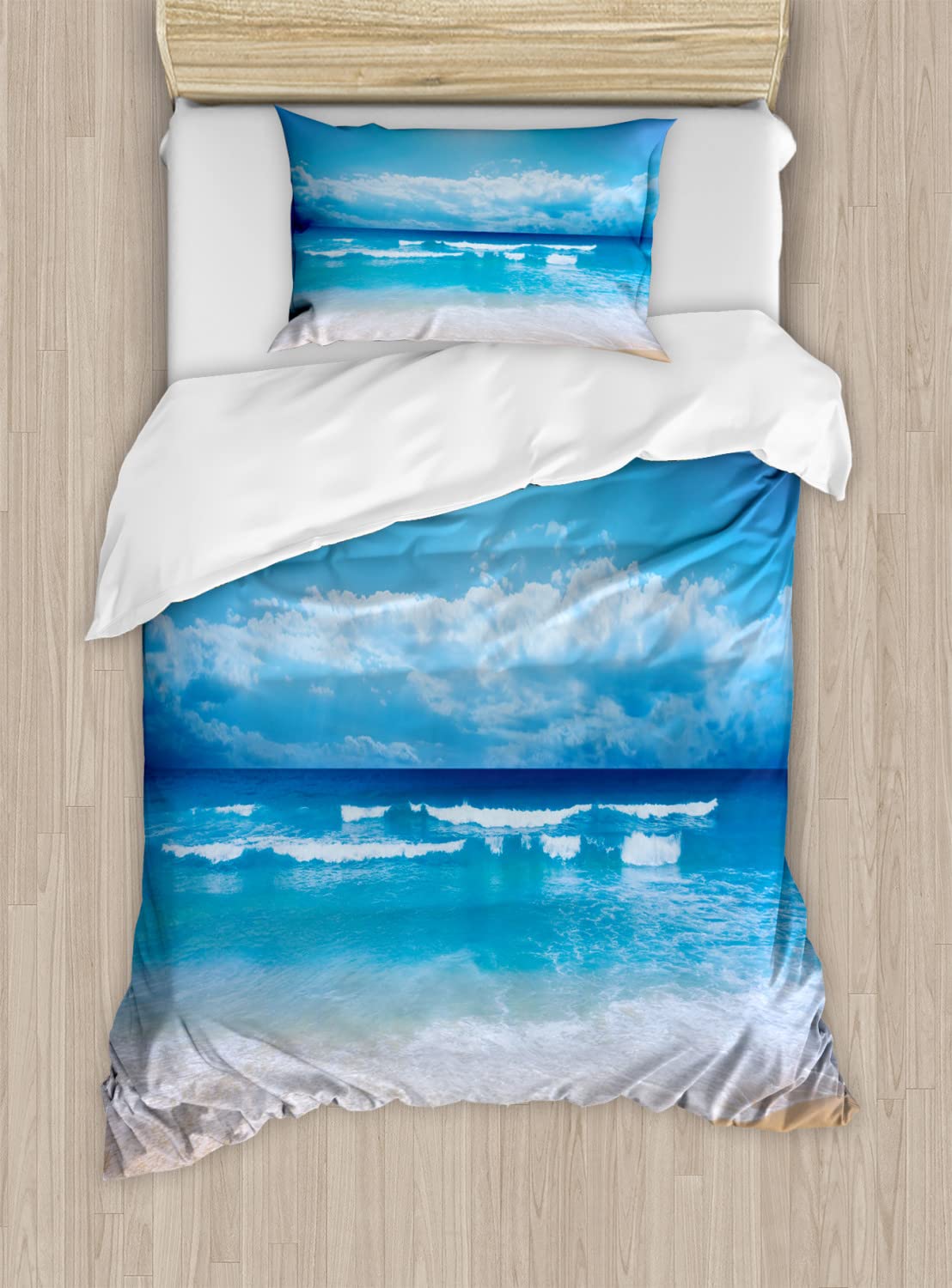 Ambesonne Beach Duvet Cover Set - Seascape Theme Summer Beach & Cloudy Sky Digital Print Bedding | 2-Pack Twin Size Duvet Covers & Pillowcases in Sand Brown & Blue | Perfect for Coastal Decor, Guest Rooms & Vacation Homes