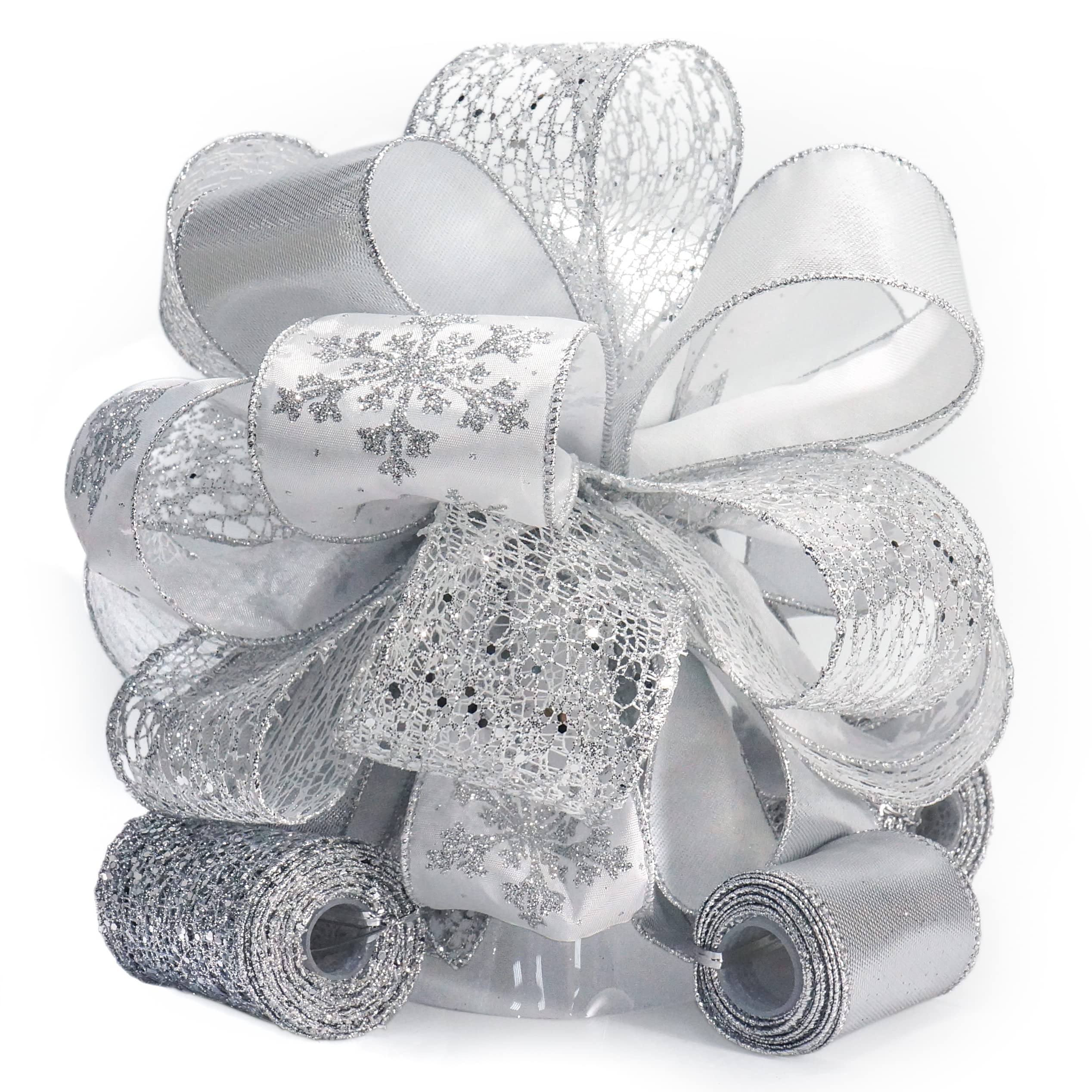 CT CRAFT LLC Silver Snowflake Christmas Tree Topper Bow - 11 Inch with 4 Ribbon Streamers (3 Yards Each) for Holiday Decorations, Elegant Home Décor - Perfect for Christmas Trees, Gift Wrapping & Festive Indoor Decor