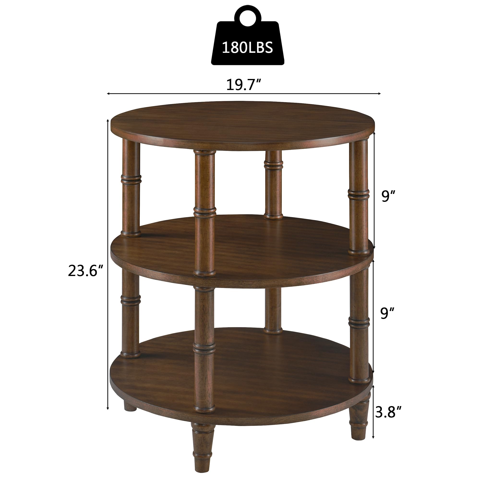 LEEMTORIG 3-Tier Round End Side Table with Storage Shelf - Solid Wood Nightstand, Mid-Century Modern Bedside Table for Bedroom, Living Room, Office - Easy Assembly Walnut Brown - Perfect for Small Spaces, Apartment Decor & Reading Nook Accessories