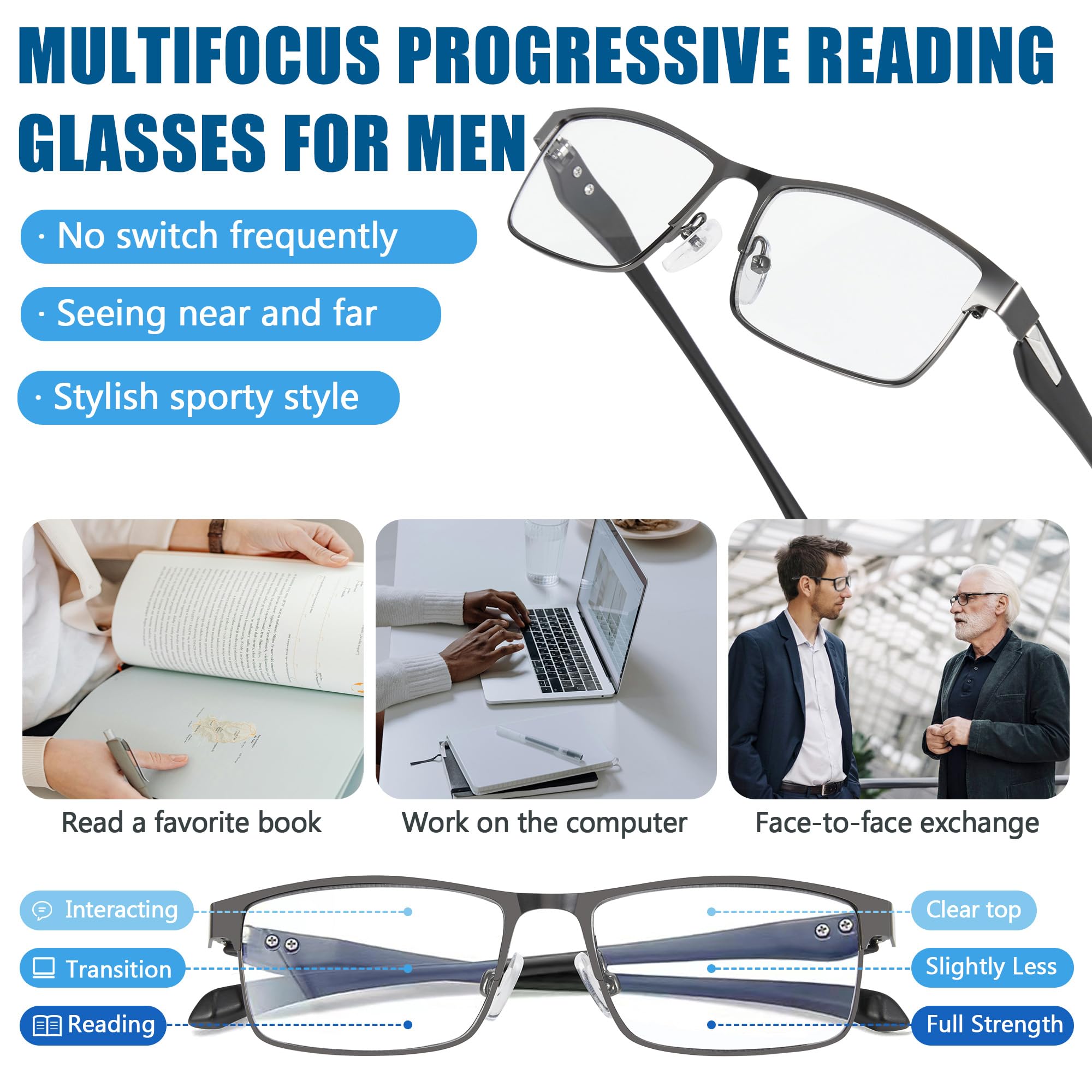 Photochromic Progressive Multifocal Reading Glasses for Men - Transition Lenses with Blue Light Blocking - Computer Glasses for Work & Reading (Indoor/Outdoor Use)
