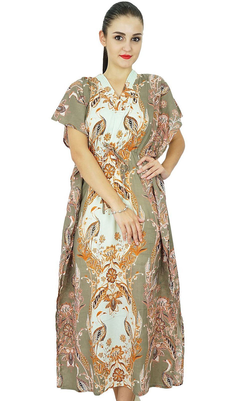 Bimba Women's Printed Long Cotton Kaftan Dress - Kimono Sleeve Beach Cover Up | Boho Maxi Dress for Summer Vacation, Poolside Lounging & Resort Wear
