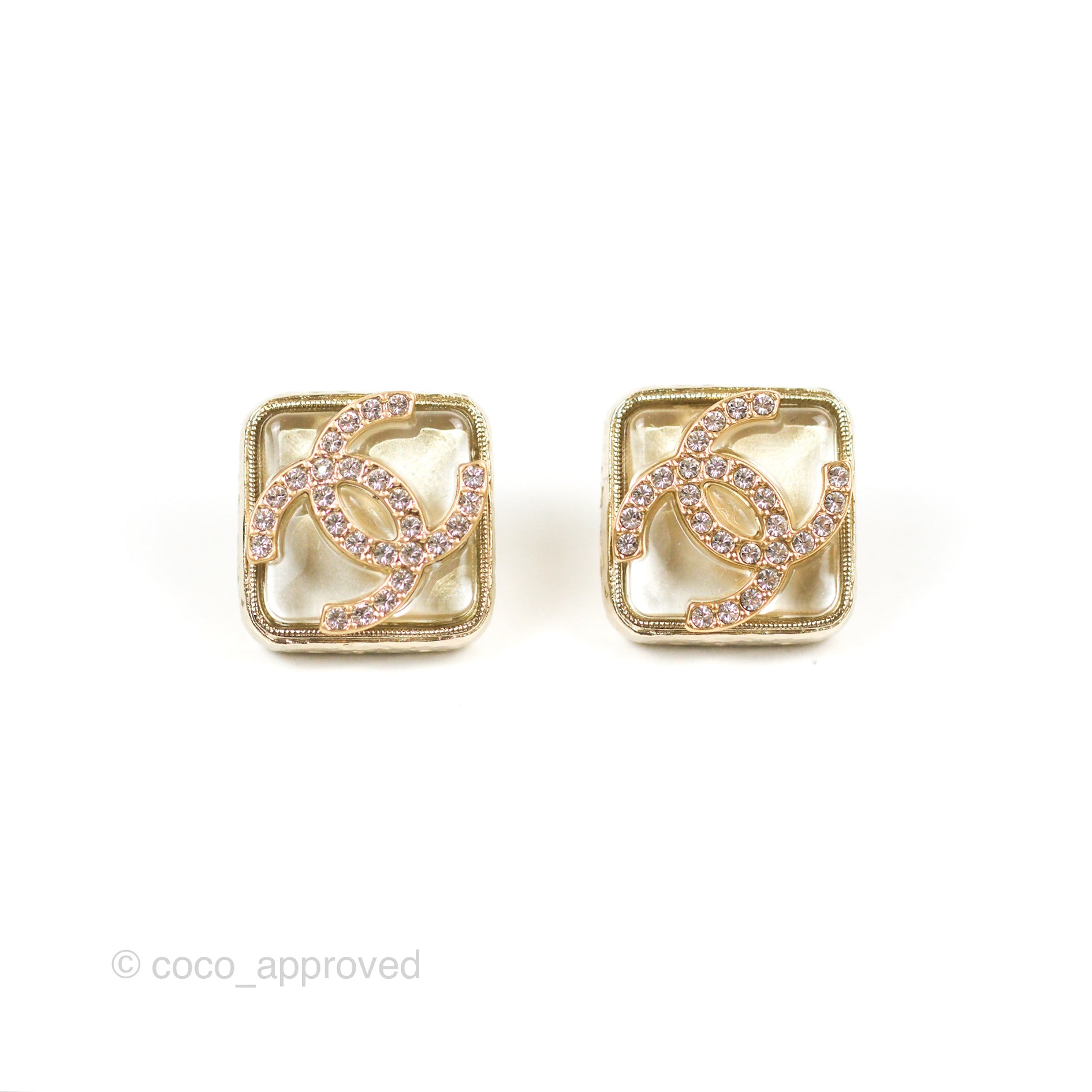 Chanel CC Crystal Square Earrings in Gold Tone - 22S Collection | Luxury Fashion Jewelry for Women, Perfect for Parties, Weddings & Special Occasions