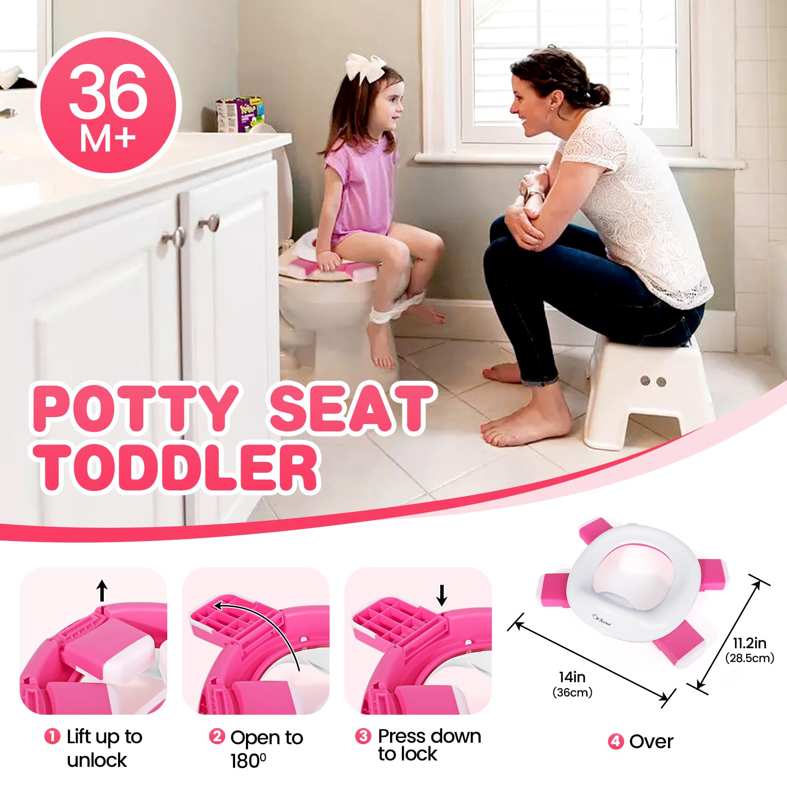 Orzbow Foldable Travel Potty Chair for Toddlers - Portable Kids Training Toilet Seat with Splash Guard, Storage Bag & 40 Disposable Bags | Perfect for Car Trips, Camping & Outdoor Adventures (Pink)