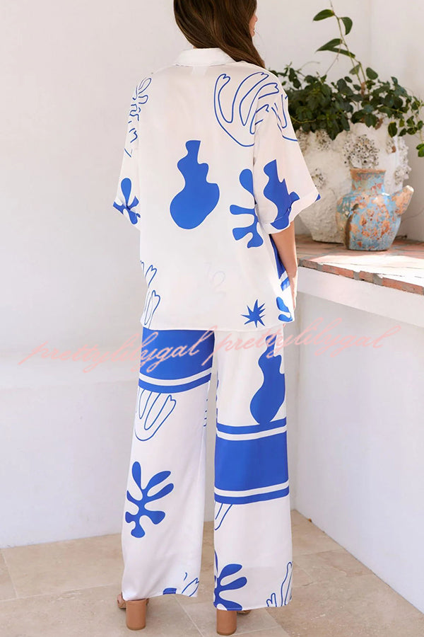 Stylish Color Block Print Button Up Shirt & Elastic Waist Pants Set for Women | Beach Outfit, Summer Vacation, Casual Wear