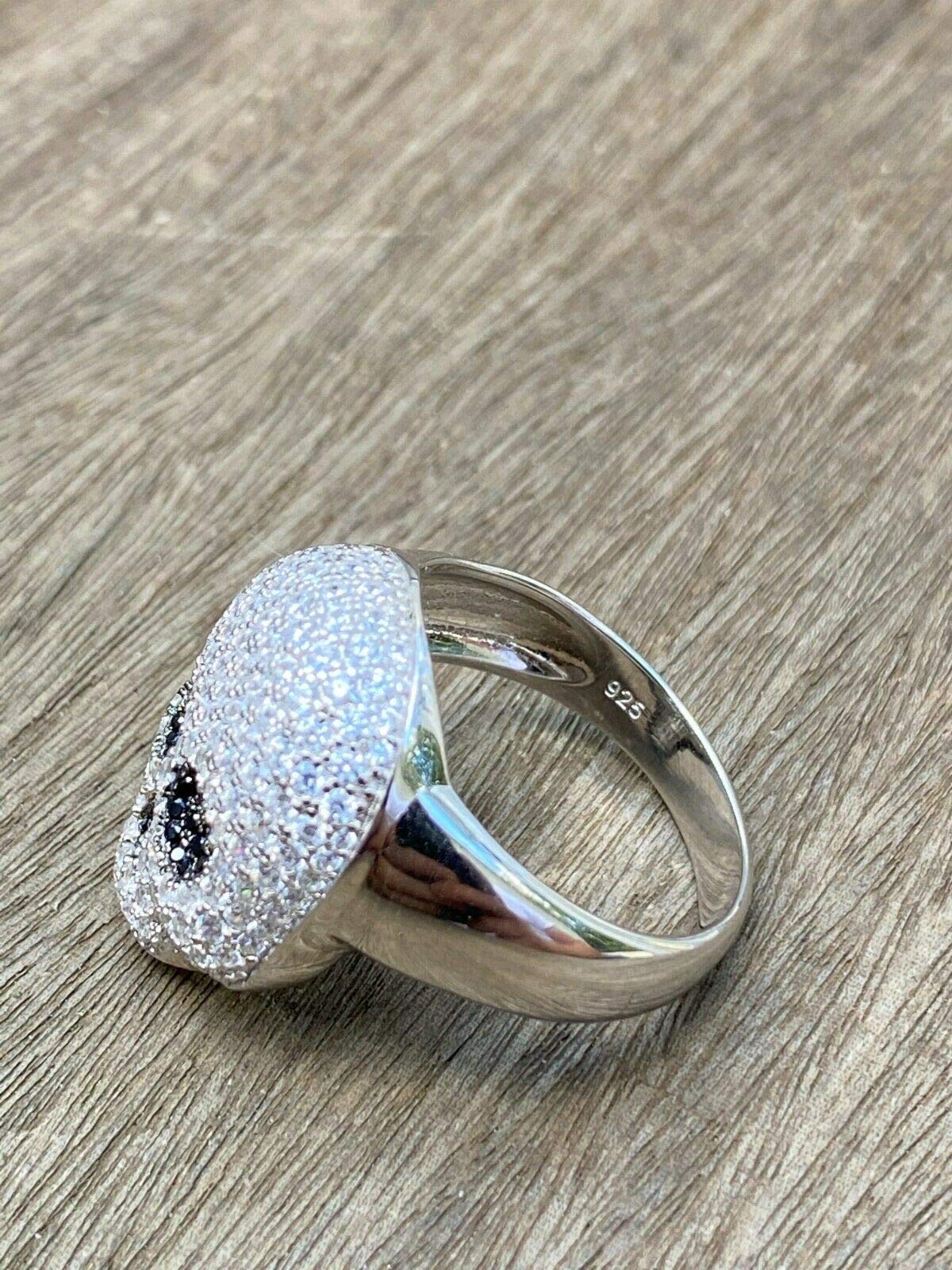 925 Sterling Silver Men's Iced Skull Emoji Ring with Black Diamond Eyes - Gothic Santa Muerte Pinky Ring for Men - Hip Hop Jewelry Gift for Boyfriend - Perfect for Parties, Concerts and Streetwear Fashion