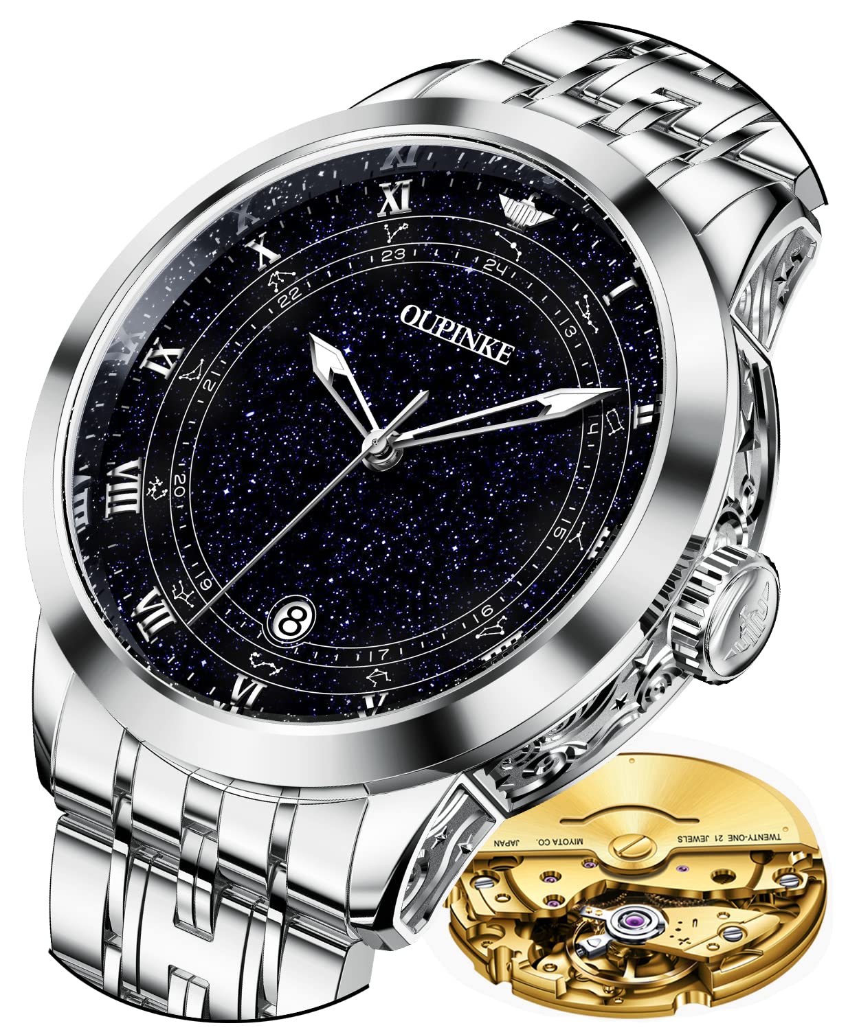 OUPINKE Automatic Men's Watch - Luxury Starry Sky Design, Mechanical Movement, Waterproof, Date Display, Luminous Hands, Sapphire Crystal, Tungsten Steel Band - Perfect for Business, Formal Events & Gift Giving