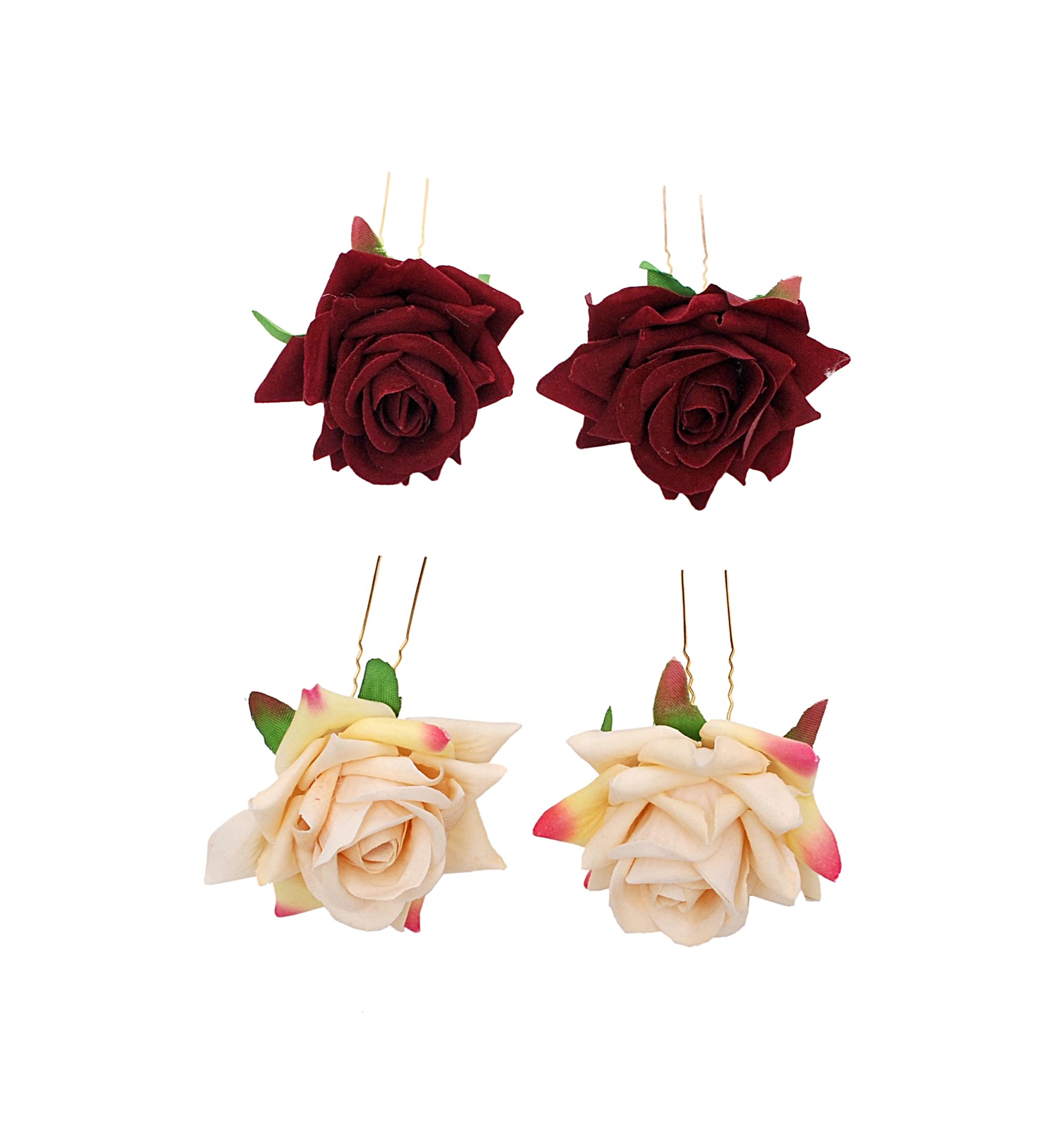 Vogue Rose Flower Bun Maker Hair Pins - 4pcs Maroon & Off-White for Bridal & Party Hairstyles