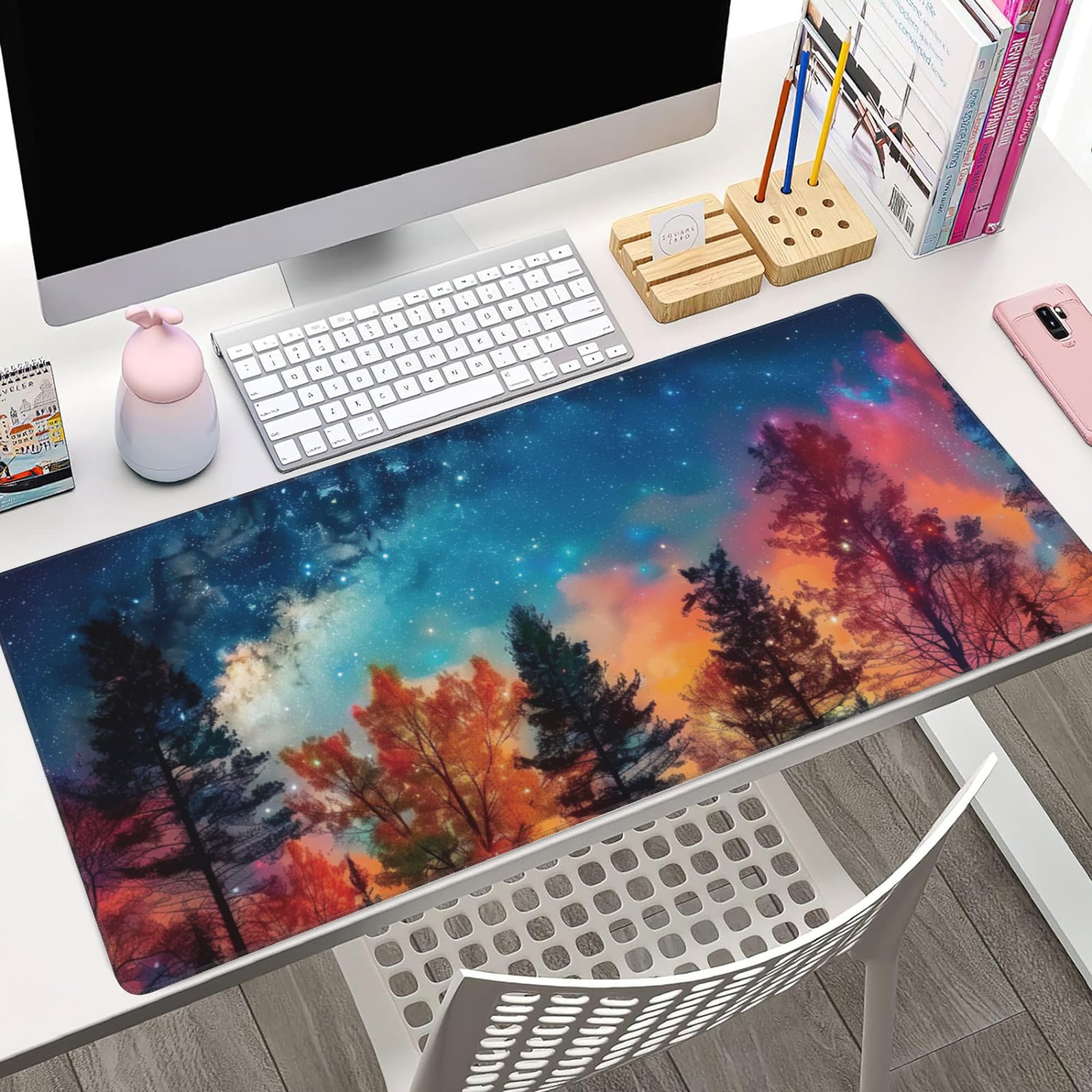 XXL Gaming Mouse Pad - Milky Way & Misty Forest Design, Non-Slip Rubber Base with Stitched Edges (35.4