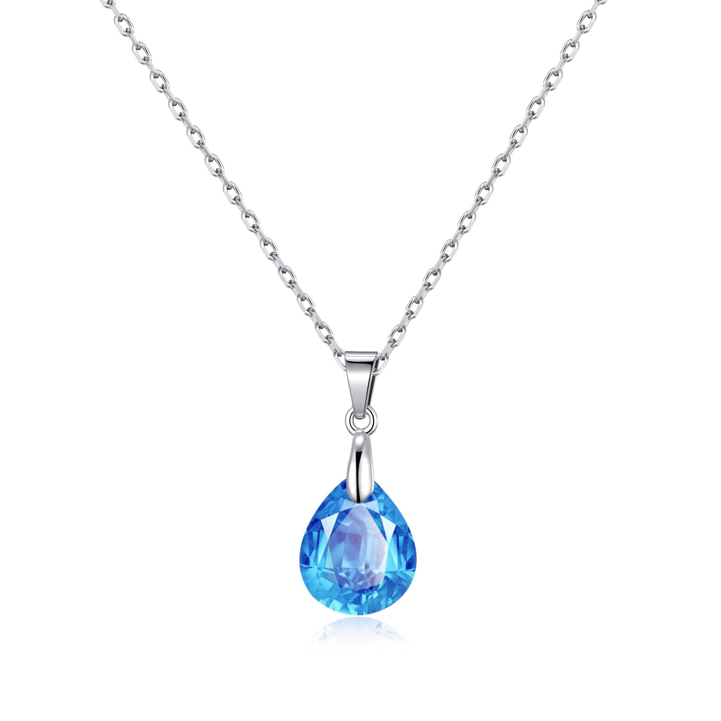 Sterling Silver Aquamarine Pear Necklace with Zirconia - Elegant Gift for Her