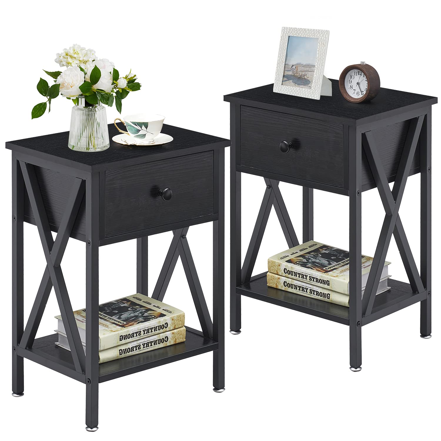 VECELO Nightstands Set of 2 - Modern Bedside Tables with Drawer & Storage Shelf, Industrial Metal Frame Night Stands for Bedroom & Living Room - Dark Black - Perfect for Small Spaces & Apartment Decor