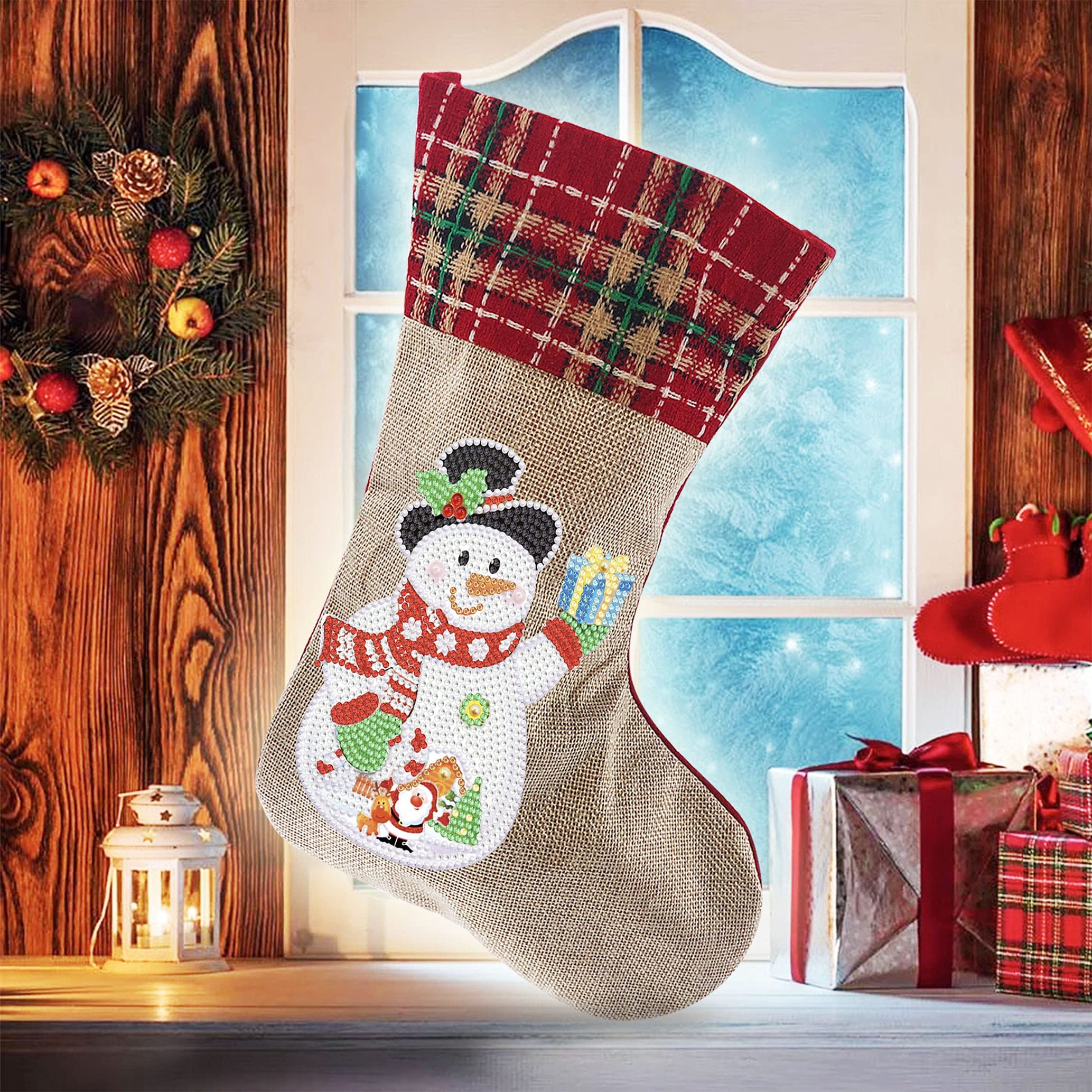 LUSandy DIY 5D Diamond Painting Christmas Stockings - 14 Inch Snowman & Gift Diamond Art Candy Bags for Xmas Fireplace Decor | Holiday Party Hanging Stockings for Family Christmas Decoration | Perfect for Home, Office & Gift Giving