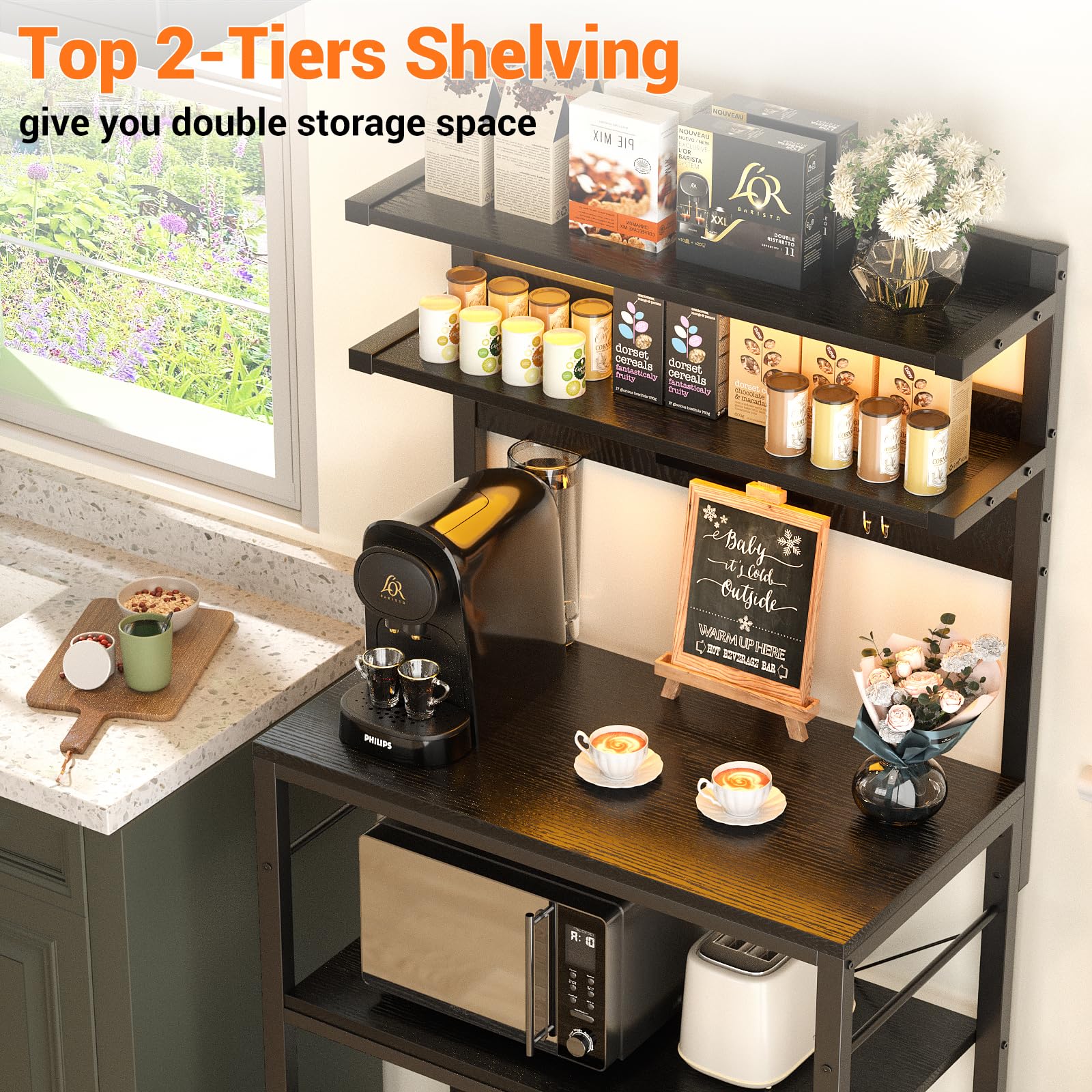 Aheaplus 5-Tier Bakers Rack with Power Outlet & LED Lights - Microwave Stand, Coffee Bar Station, Kitchen Storage Shelf with 6 S-Hooks - Organize Spices, Pots & Pans - Perfect for Small Kitchens, Dining Rooms & Coffee Bars (Black)