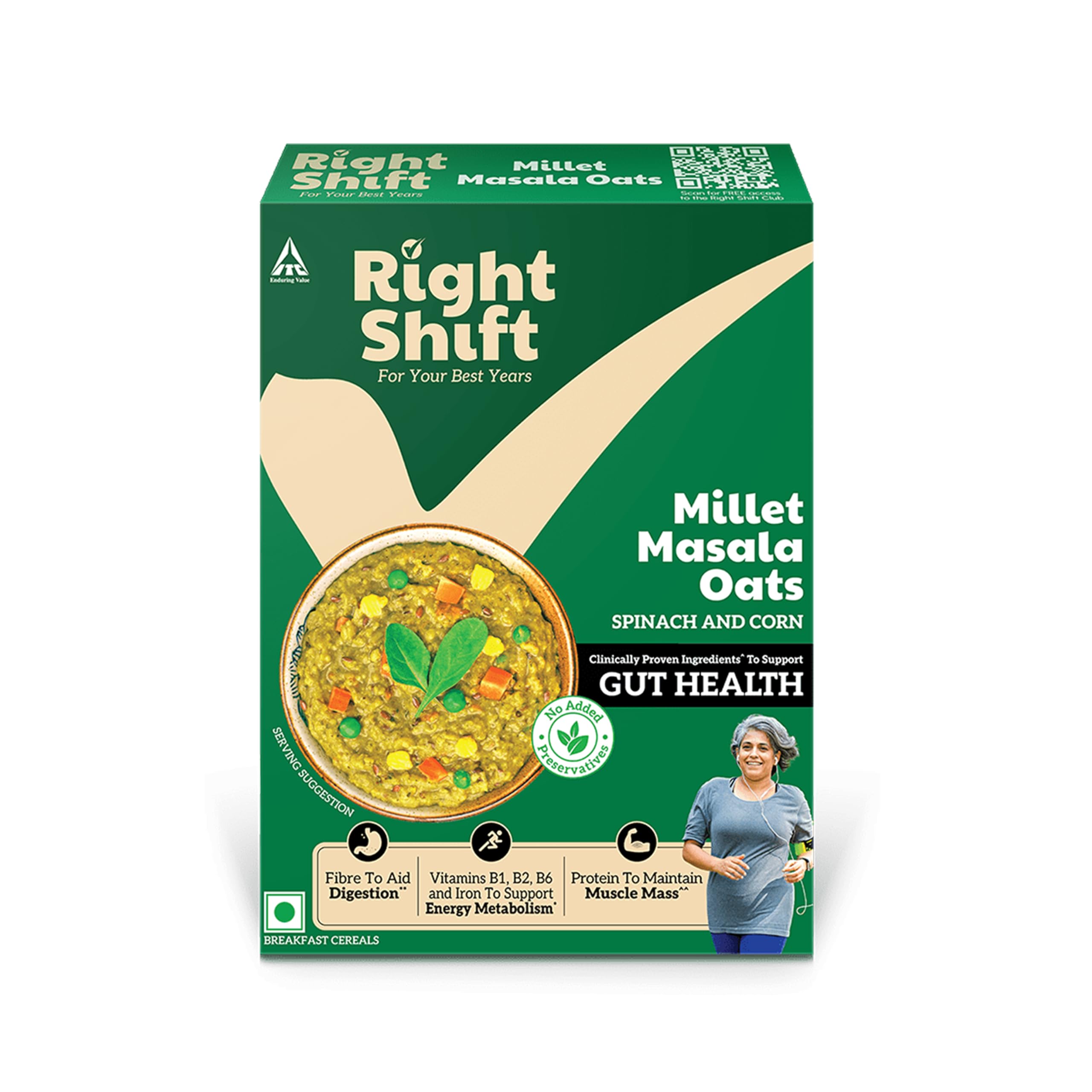 ITC Right Shift Millet Masala Oats - Spinach & Corn, 240g | High Protein Rolled Oats with Millets & Seeds | 4 Vegetable Blend | Preservative-Free Instant Oats for Weight Loss | Ready to Cook | Perfect for Breakfast, Post-Workout & Healthy Snacking