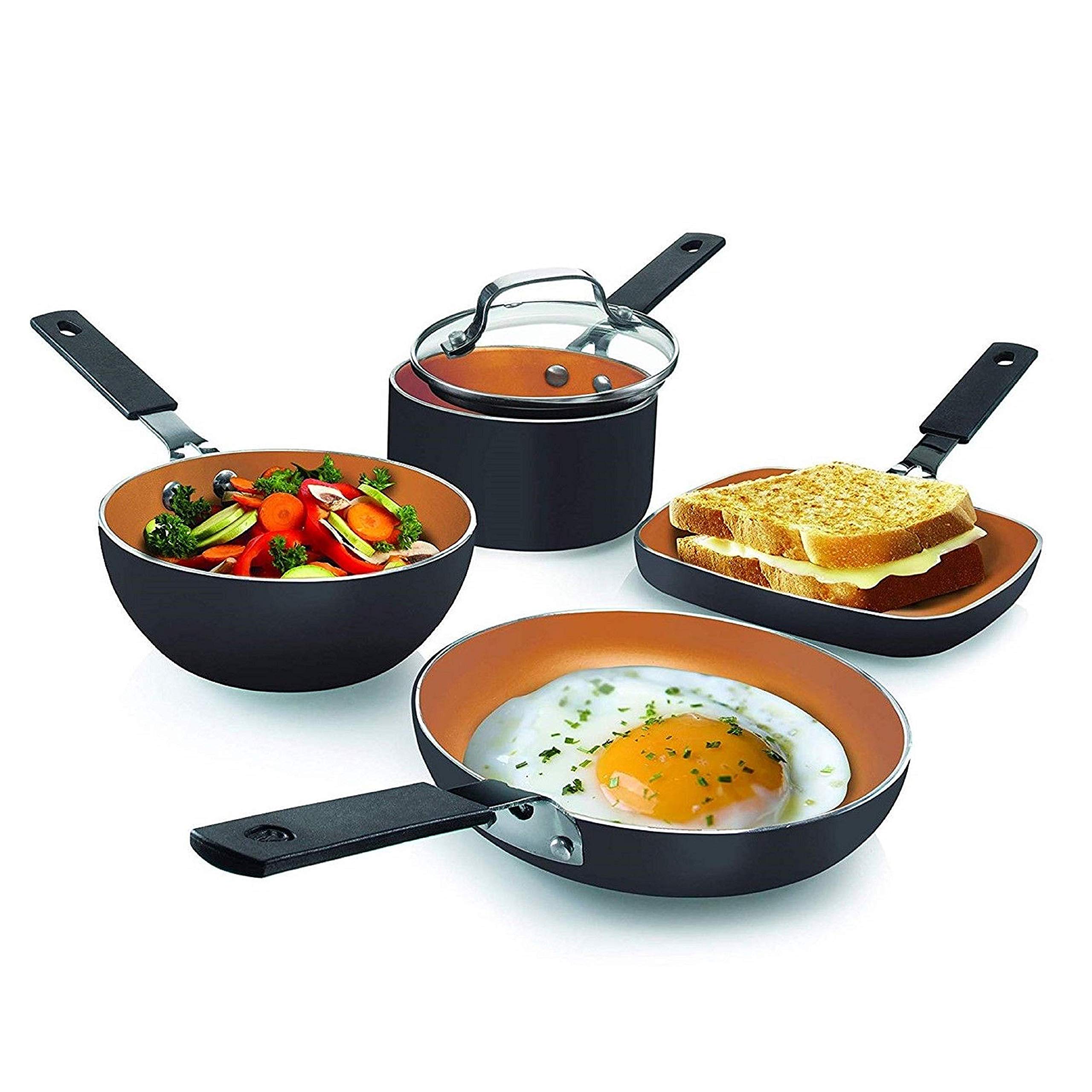 Gotham Steel Mini Stackmaster 5-Piece Nonstick Cookware Set - Small Fry Pan, Sauce Pan, Wok & Grill Pan for Compact Kitchens | Space-Saving Nesting Design | Dishwasher Safe | Perfect for Dorms, RVs & Small Family Cooking